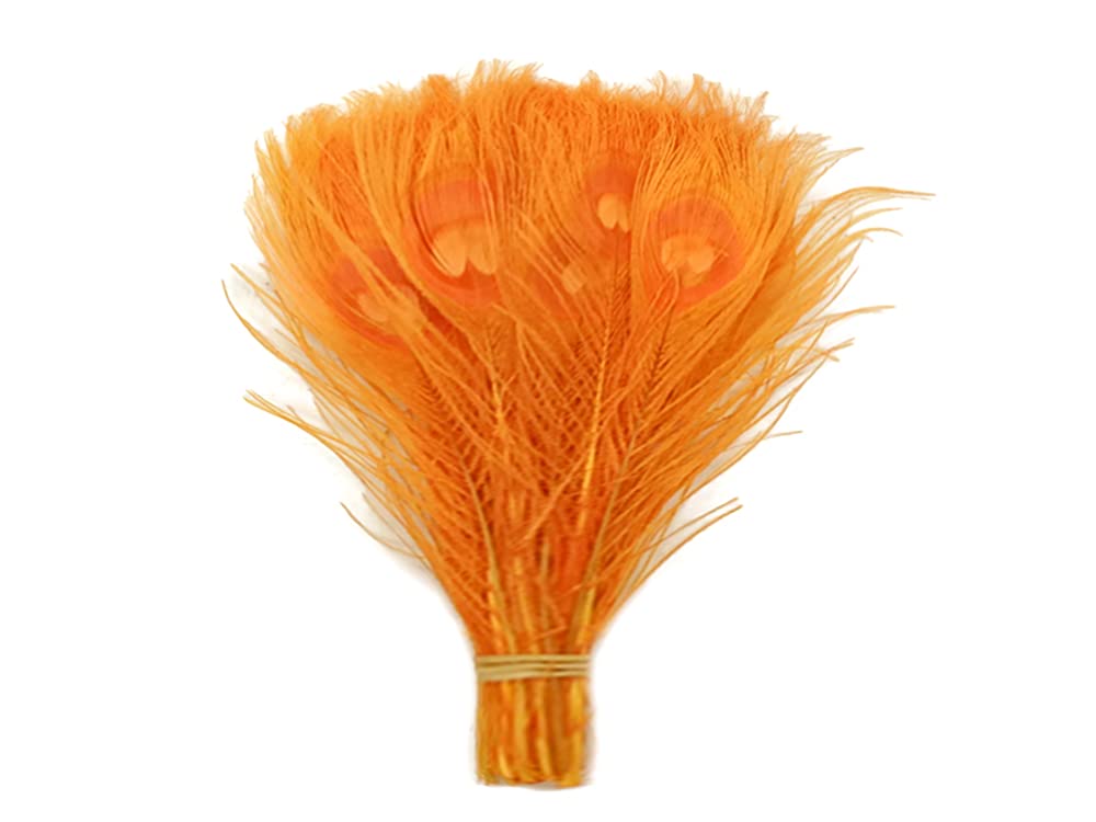 100 Pieces Orange Bleached & Dyed Peacock Tail Eye Feathers Bulk 10-12