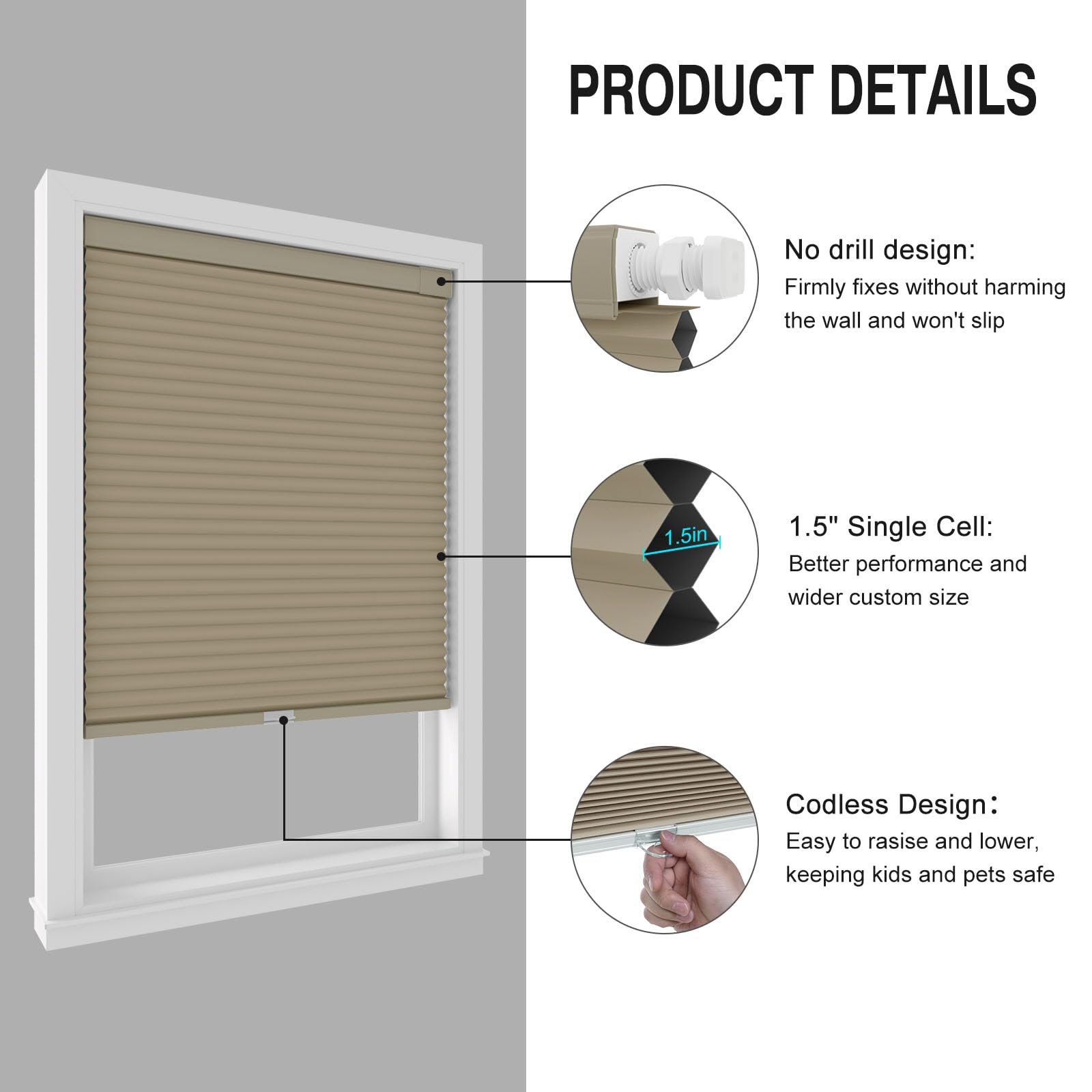 Changshade Cordless Blackout Cellular Shades - No Drill, No Tools Installation, 1.5” Honeycomb Blinds for Windows | Light Brown Room Darkening & Thermal Insulated Window Treatments | Perfect for Bedrooms, Nurseries & Home Offices