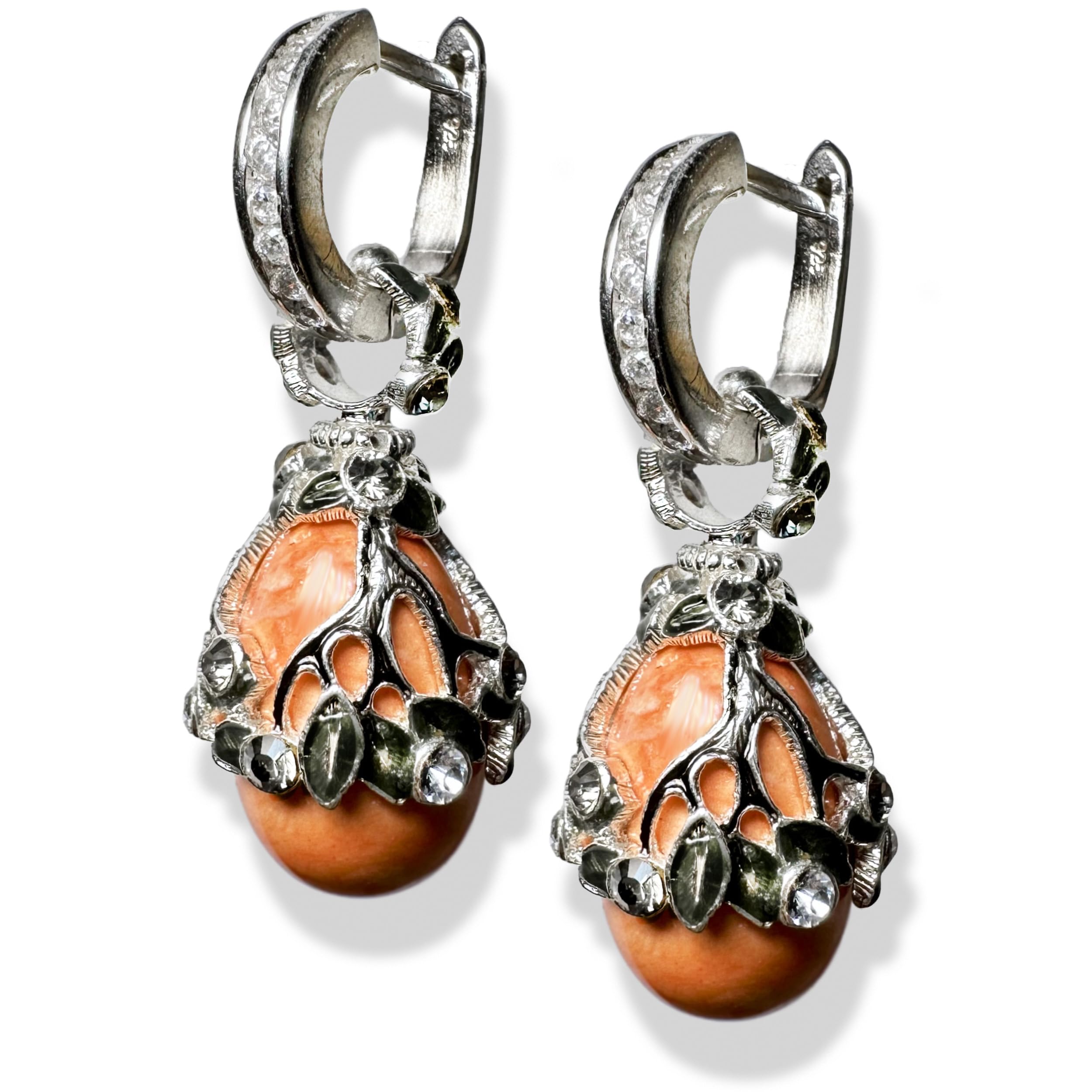 925 Sterling Silver Egg Coral Art Deco Earrings with Crystals & Enamel - Cubic Zirconia Hoop Earrings for Women | Perfect for Parties, Weddings & Special Occasions