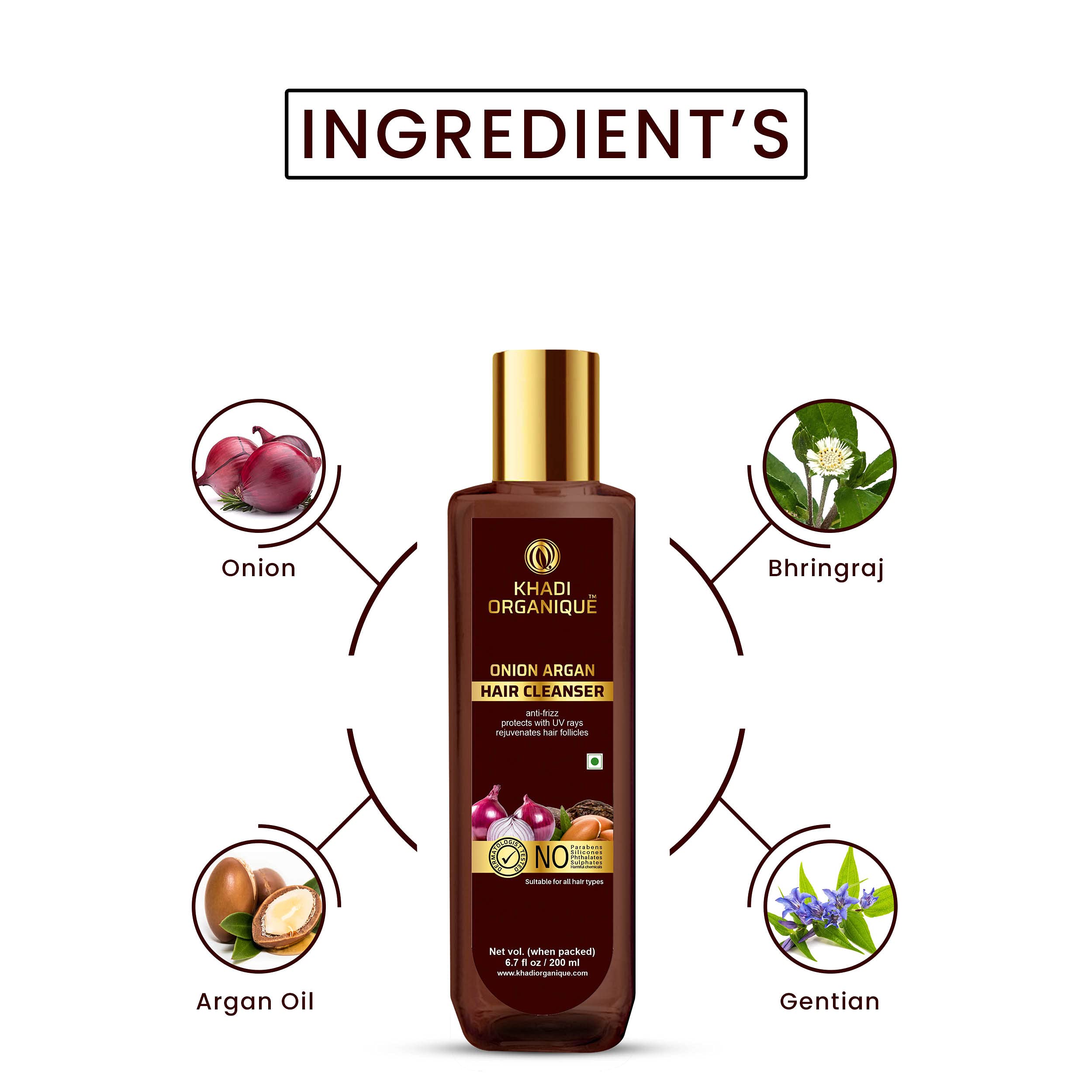 Khadi Organique Onion & Argan Oil Hair Cleanser - Anti-Frizz, UV Protection, Hair Follicle Rejuvenation - 200ml (Pack of 1) for Dry, Damaged Hair & Sun Exposure