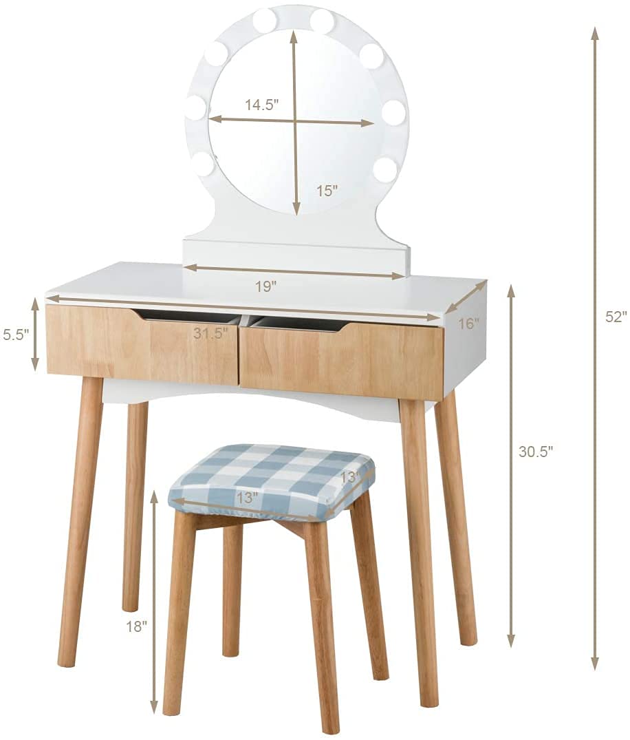 Byroce Vanity Table Set with Round LED Lighted Mirror, Makeup Dressing Table with 8 Adjustable Bulbs & Touch Switch - Includes Cushioned Stool & 2 Large Drawers (Black/Natural/White) | Perfect for Bedroom, Dressing Room, Home Salon & Beauty Studio (Model: HW66049US)