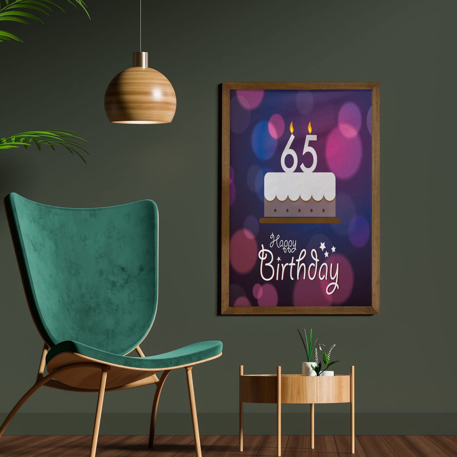 Ambesonne 65th Birthday Framed Wall Art - Elegant Handwritten Calligraphy Cake Design with Best Wishes - Blue Pink White Fabric Decor in Teak Wood Frame (23