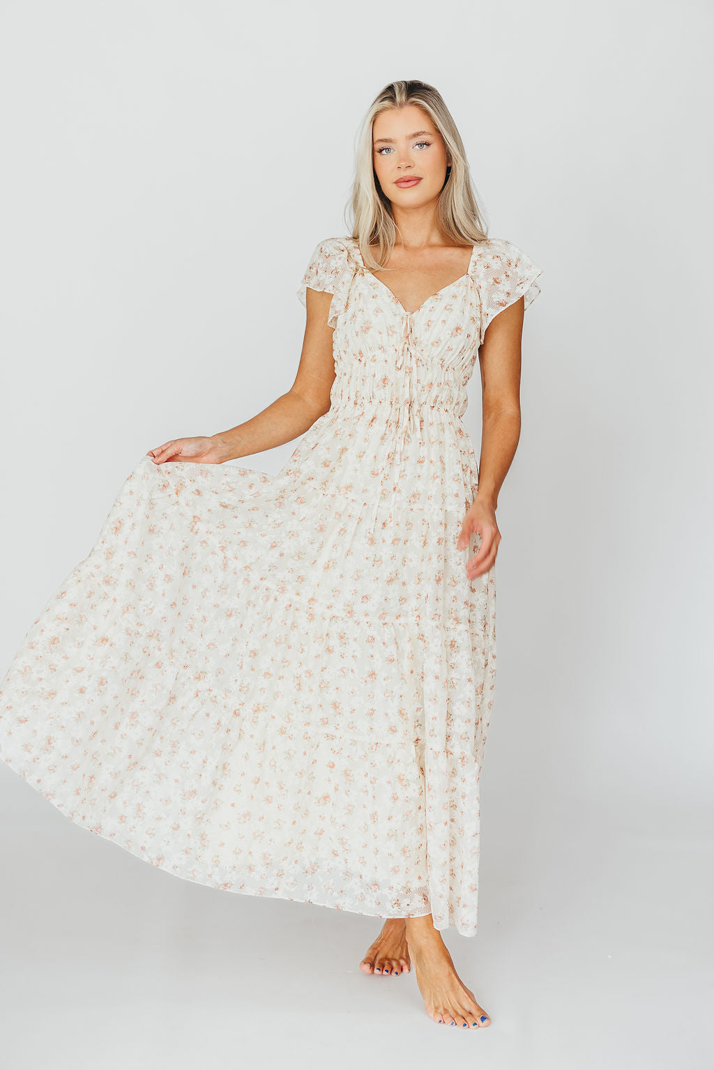 Elegant Cream & Peach Floral Gingham Ruffled Maxi Dress for Women - Perfect for Summer Weddings, Beach Vacations & Date Nights