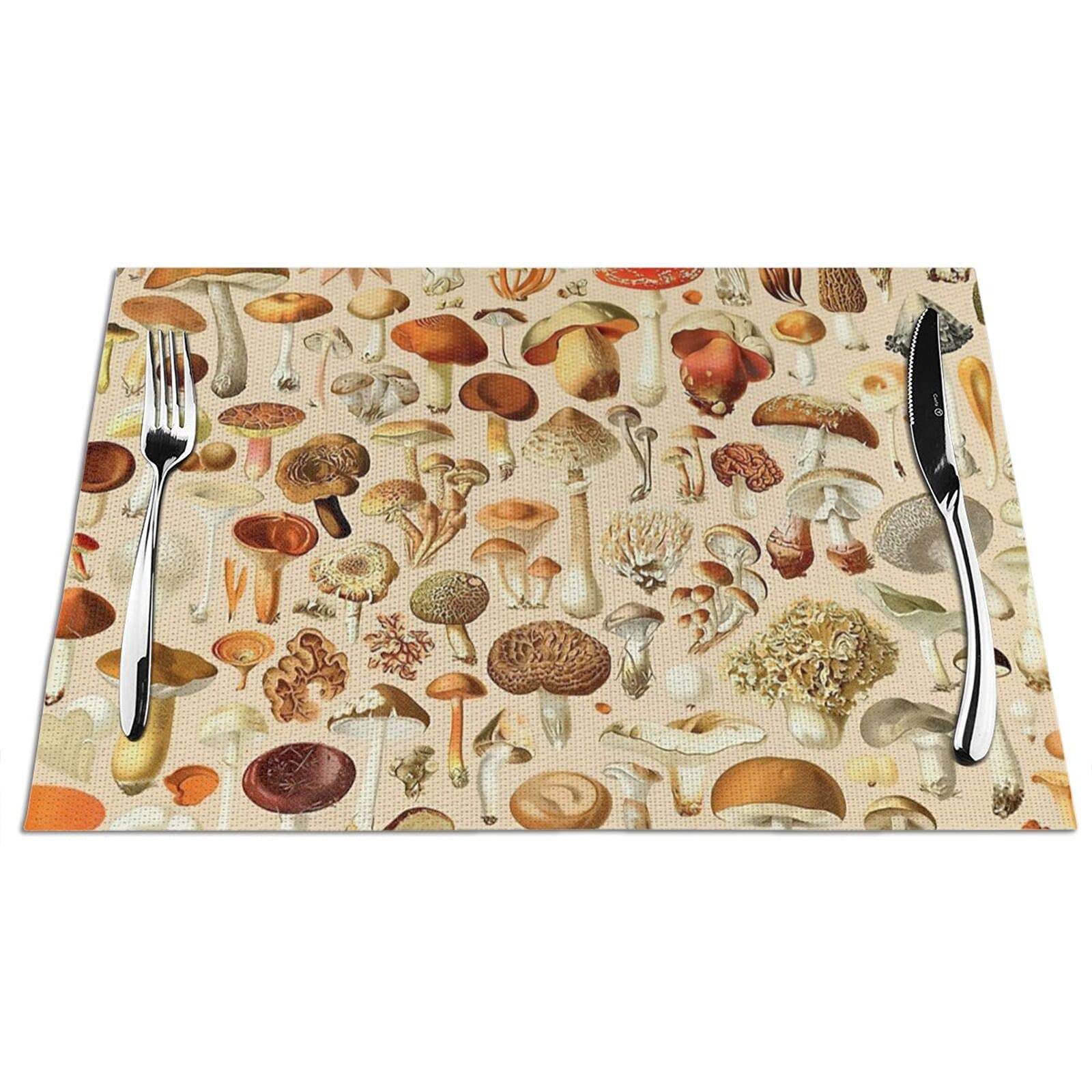Vintage Mushroom Design PVC Placemats - Heat & Stain Resistant, Anti-Skid, Washable Table Mats - Set of 6 for Dining Room, Kitchen Decor - Perfect for Everyday Meals, Dinner Parties & Home Decor