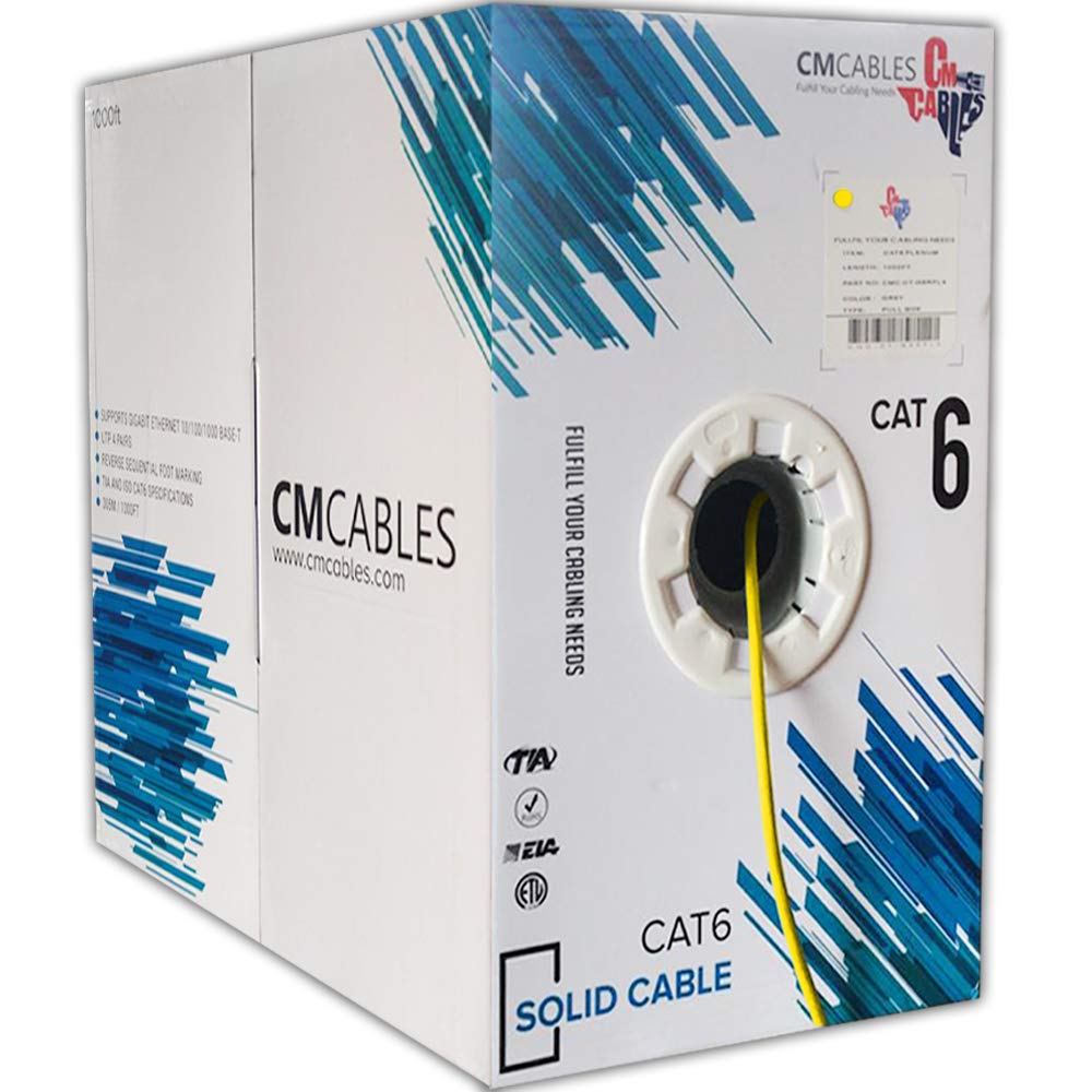 Cat6 Plenum 1000ft Bulk Ethernet Cable - 550MHz High-Speed Network Cable, CMP Rated for In-Wall Installation - Ideal for Office Networks, Data Centers & Home Theater Wiring (Yellow)