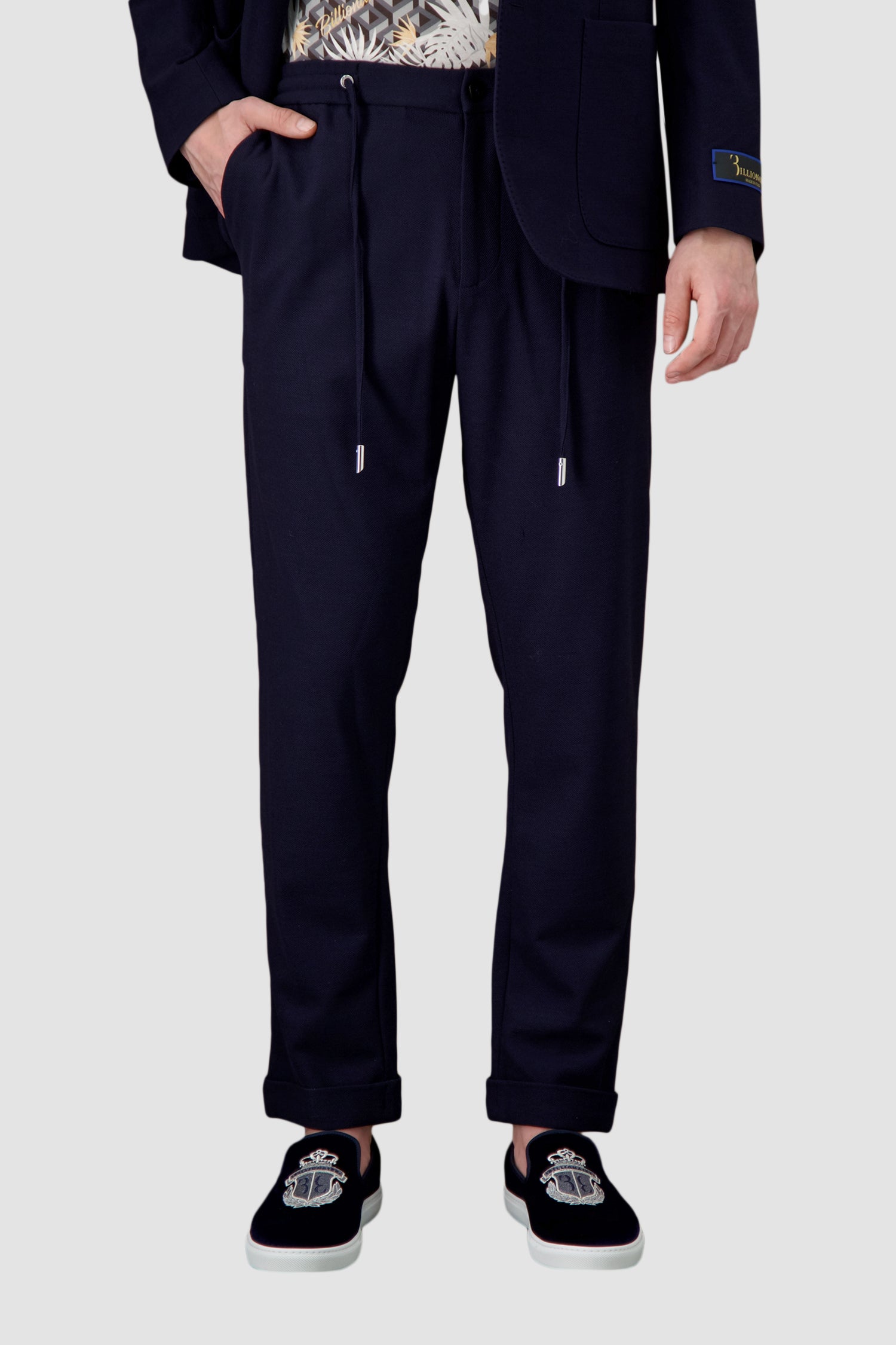 Billionaire Men's Dark Blue Tailored Fit Crest Dress Pants for Business & Formal Occasions