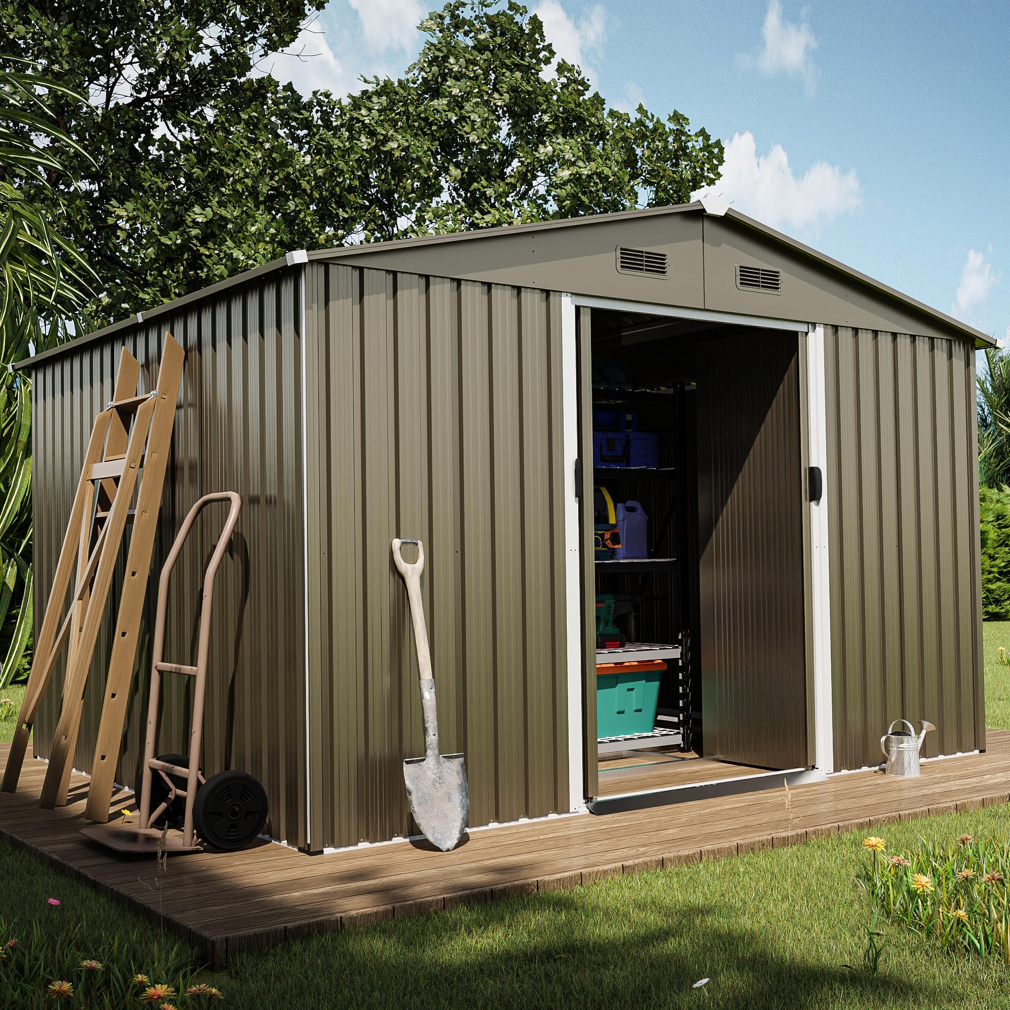 10FT x 8FT Outdoor Metal Storage Shed - Waterproof & Lockable with Sliding Door & Ventilation - Heavy Duty Garden Tool Storage for Lawn Equipment, Yard Supplies & Outdoor Organization - Perfect for Backyard, Patio & Garage Storage