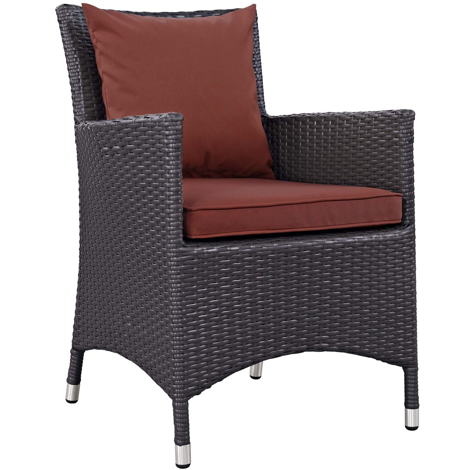 Modern Contemporary Outdoor Patio Dining Chair - Rattan Wicker Armchair with Cushion, Red - Perfect for Balcony, Garden, Side Table, and Backyard Relaxation