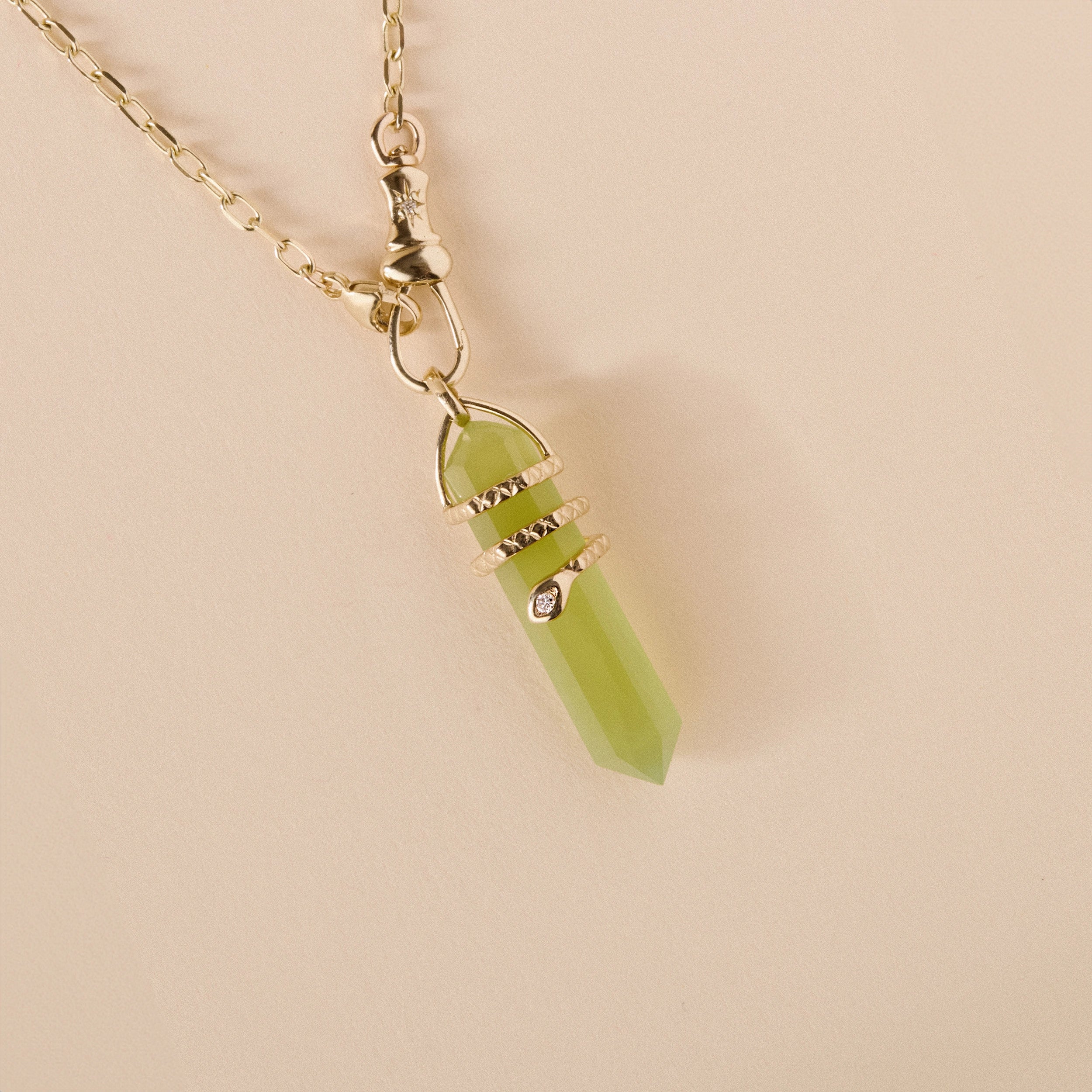 Healing Serpent Jade Amulet - 10K Yellow Gold with Jade Gemstone & Brilliant Diamond | Spiritual Protection & Positive Energy Jewelry for Meditation & Healing