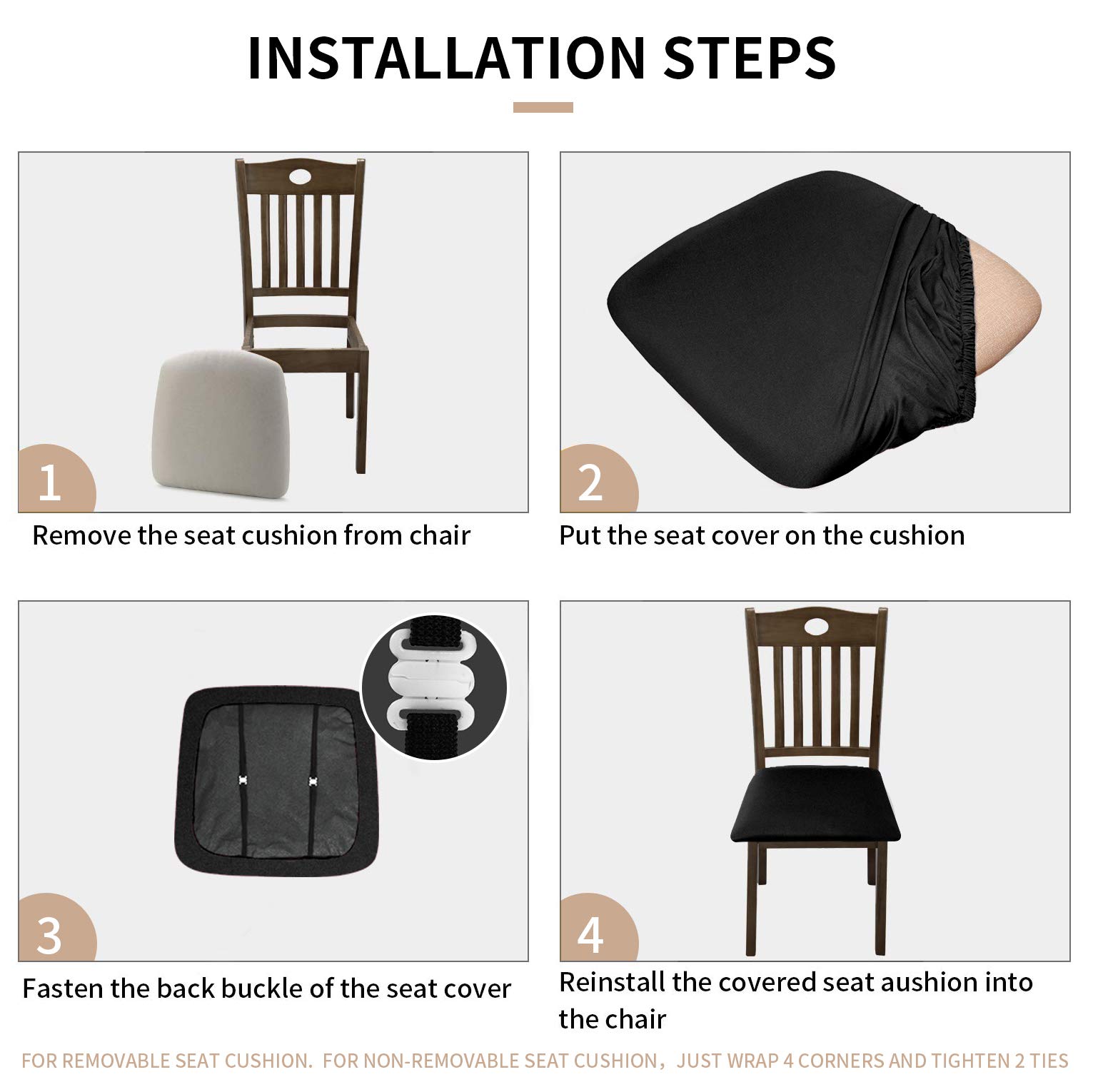 Premium Stretch Dining Chair Seat Covers (4-Pack) - Breathable Fabric Protectors with Secure Ties for Kitchen & Dining Room Chairs - Black - Perfect for Everyday Use & Special Occasions
