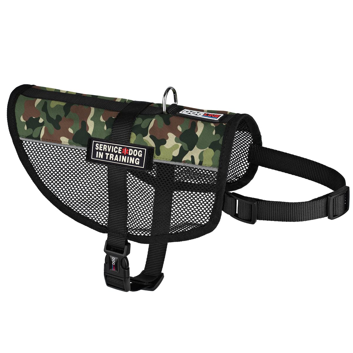 Dogline MaxAire Cooling Dog Vest with Removable 'Service Dog in Training' Patches - Adjustable Reflective Harness for Small, Medium & Large Dogs (30-38 Inch Girth) - Green Camo - Perfect for Hot Weather, Training Sessions & Outdoor Adventures