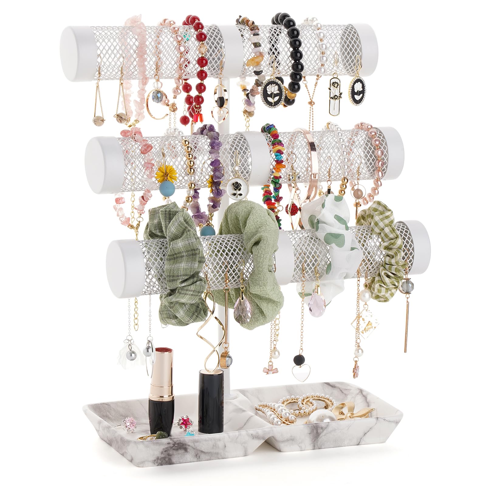 3-Tier Bracelet Holder & Jewelry Organizer Stand - Display Bracelets, Earrings, Necklaces, Watches & Scrunchies with Porcelain Ring Tray - Perfect Gift for Women - Ideal for Bedroom, Vanity & Boutique Displays
