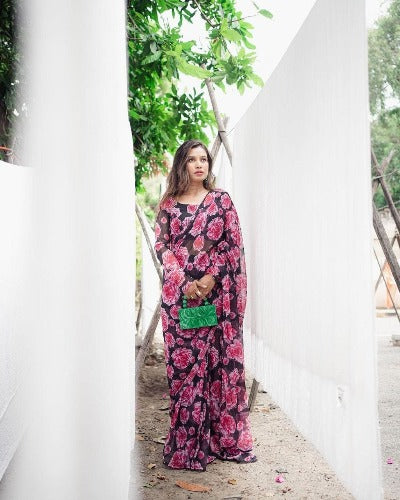 1 Minute Black with Red Floral Georgette Stitched Ready-Made Saree - Perfect for Weddings, Parties & Festive Occasions