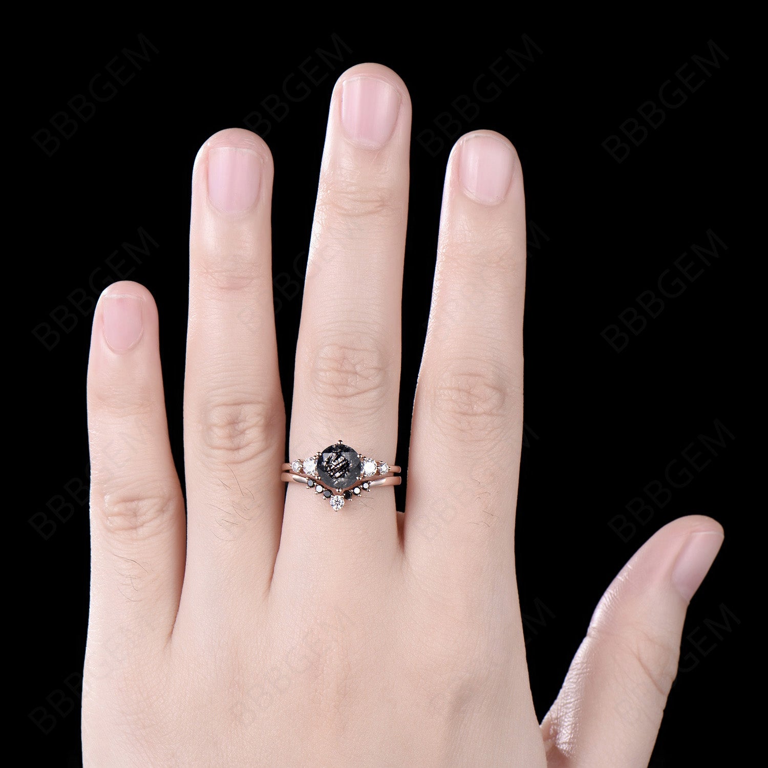 Vintage 5-Stone Round Cut Natural Black Rutilated Quartz & Moissanite Engagement Ring Set in 14k Rose Gold with Black Diamonds – Perfect for Bridal, Wedding, and Anniversary Gifts