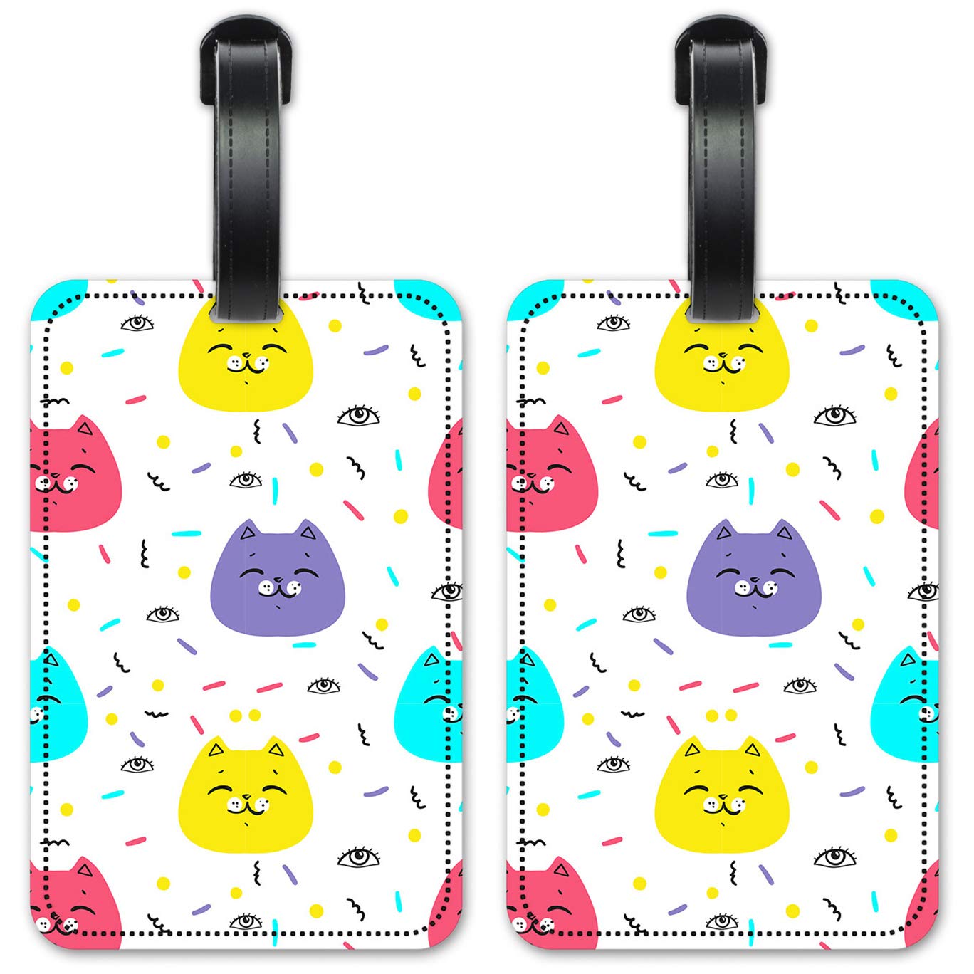 Colorful Cat Faces Luggage ID Tags - Set of 2 Waterproof Suitcase Identification Cards for Travel, Airports & Cruise Ships - Easy to Spot & Personalize Your Bags