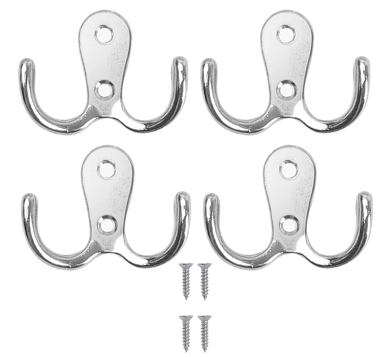 Double Prong Wall Mounted Coat Hooks - 4 Pack Silver Metal Robe & Towel Hooks for Bathroom, Bedroom, Kitchen & Entryway - Perfect for Organizing Coats, Hats, Bags & Accessories