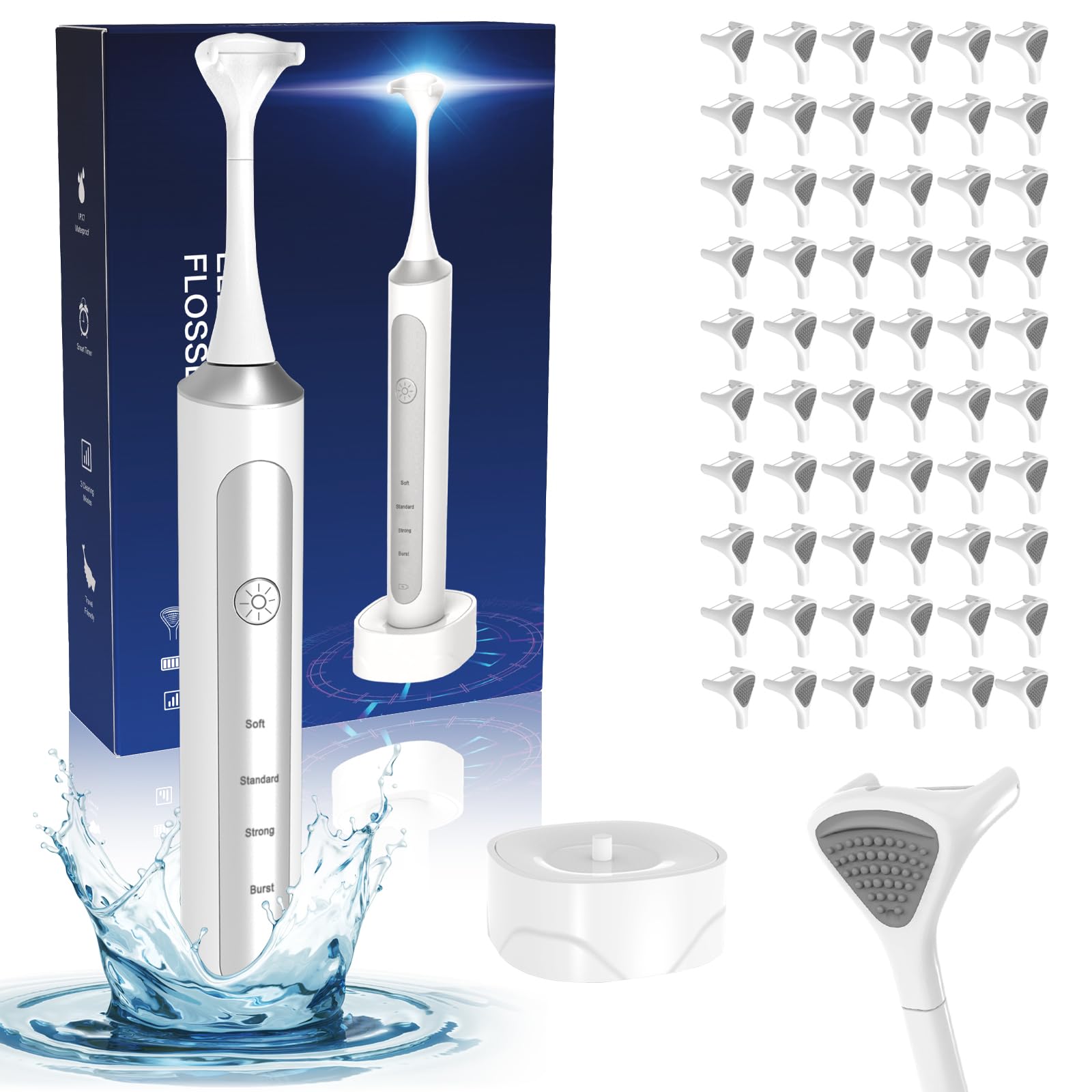 Electric Flosser with 4 Speed Settings & 60 Replacement Heads - Rechargeable Water Flosser for Adults & Kids, Cordless Dental Flosser with Tongue Cleaner & Wireless Charging Base | Perfect for Travel, Home Use & Oral Care Routine