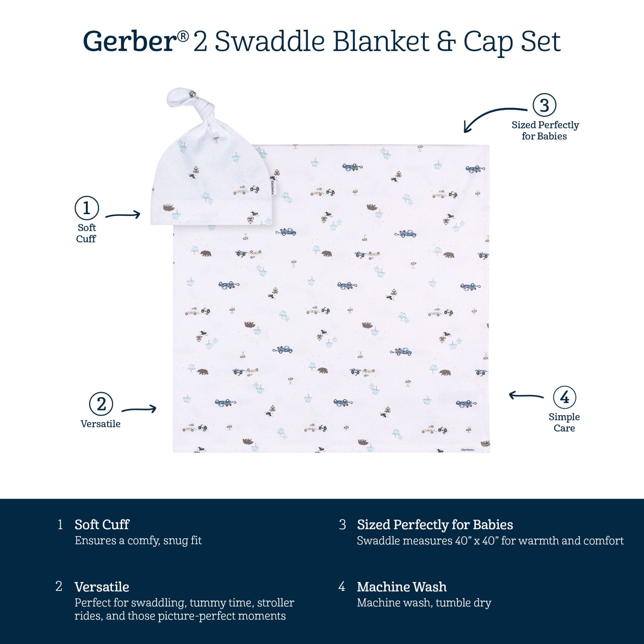 2 Piece Baby Boys Road Trip Swaddle and Cap Set - Soft Cotton Newborn Swaddle Blanket & Hat Gift Set for Travel, Photography & Hospital Going Home Outfit