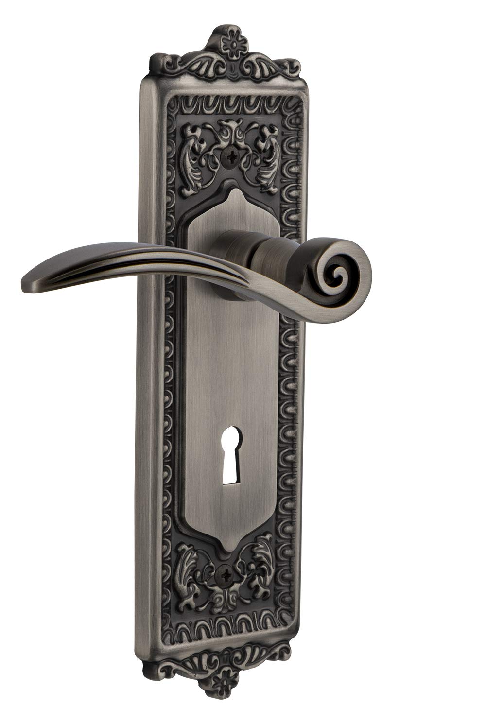 Vintage Egg & Dart Double Dummy Door Plate with Keyhole Swan Lever in Antique Pewter - Classic Home Entryway Hardware for Traditional & Victorian Style Doors