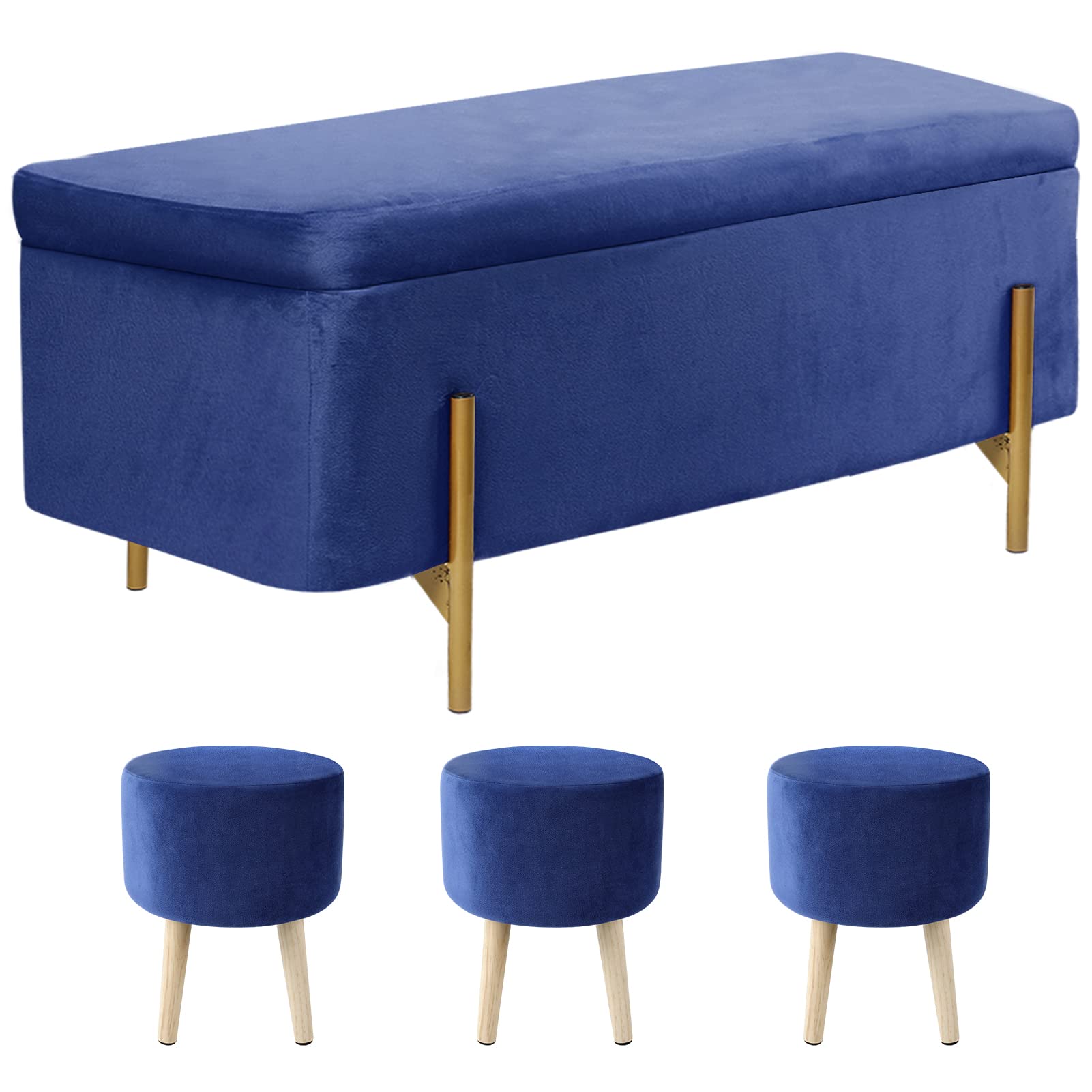 Velvet Blue Storage Ottoman Bench with 3 Footstools - 43 Inch Bedroom Bench with Metal Legs, Large Padded Seat for Bed End, Entryway & Living Room | Perfect for Extra Seating & Hidden Storage