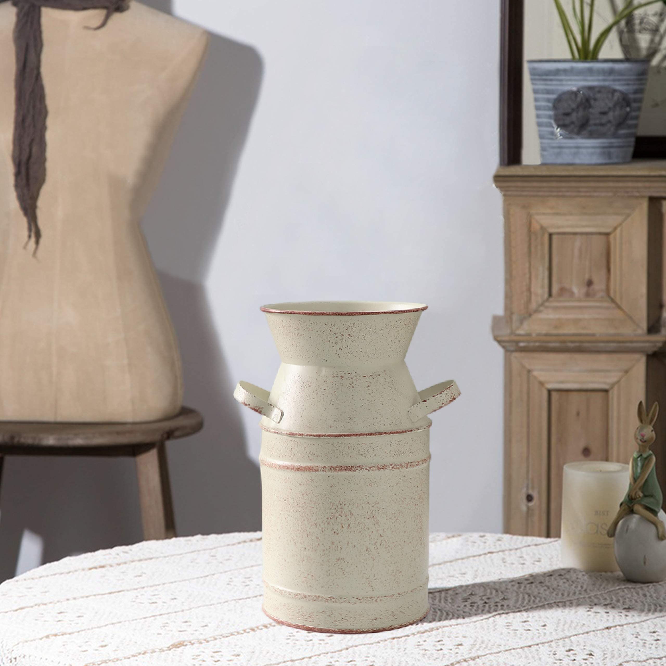 Rustic Beige Flower Vase for Centerpieces - Small Farmhouse Galvanized Milk Can with Handle - 7.5 Inch Height - Perfect for Bathroom Decor, Wedding Centerpieces & Farmhouse Home Decor