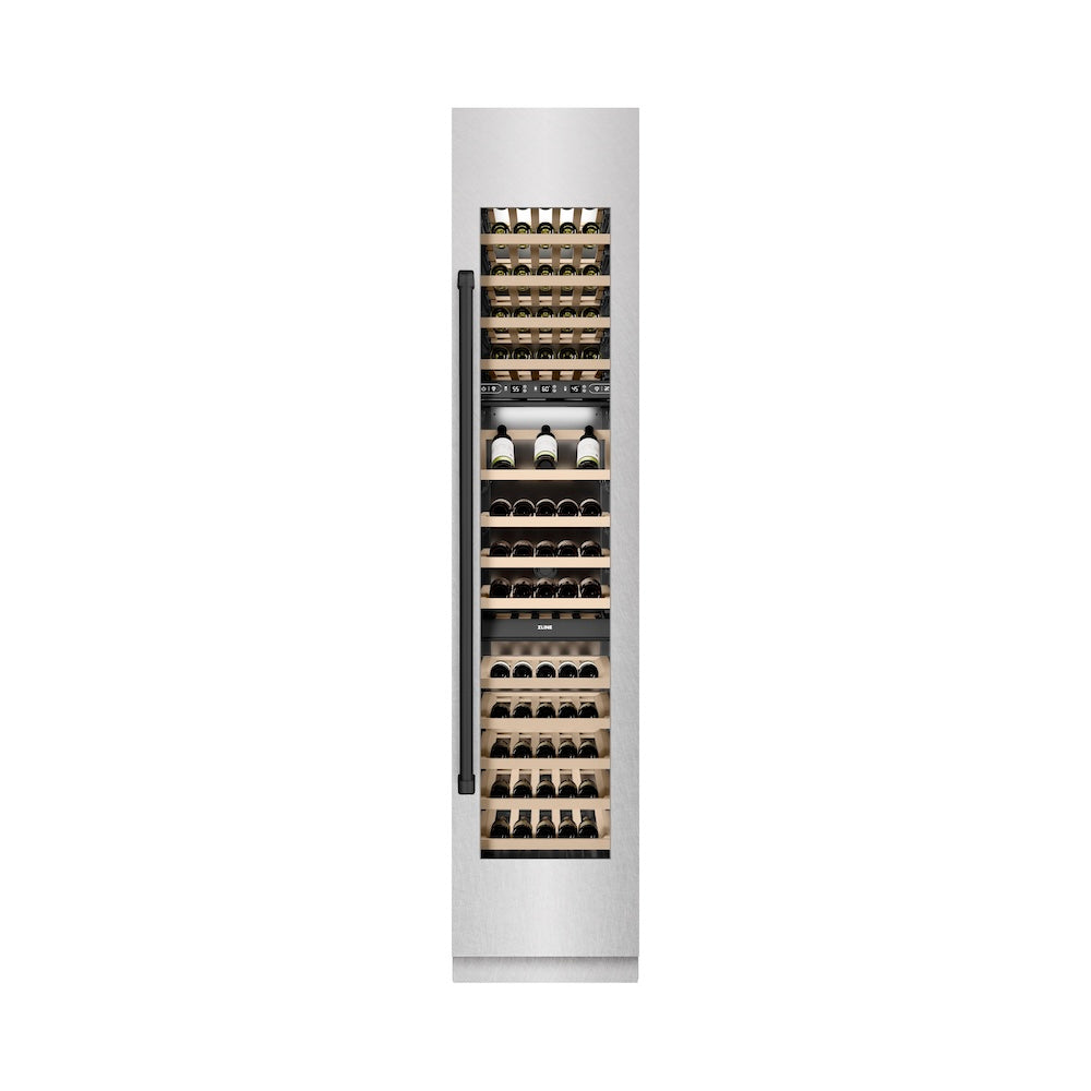 ZLINE Autograph Edition 18-Inch 9.0 cu. ft Triple Zone 68-Bottle Right Hinge Column Wine Cooler - Satin Stainless Steel with Matte Black Accents - Perfect for Home Bars, Wine Cellars & Entertaining (RCWVRZ SN 18 MB)