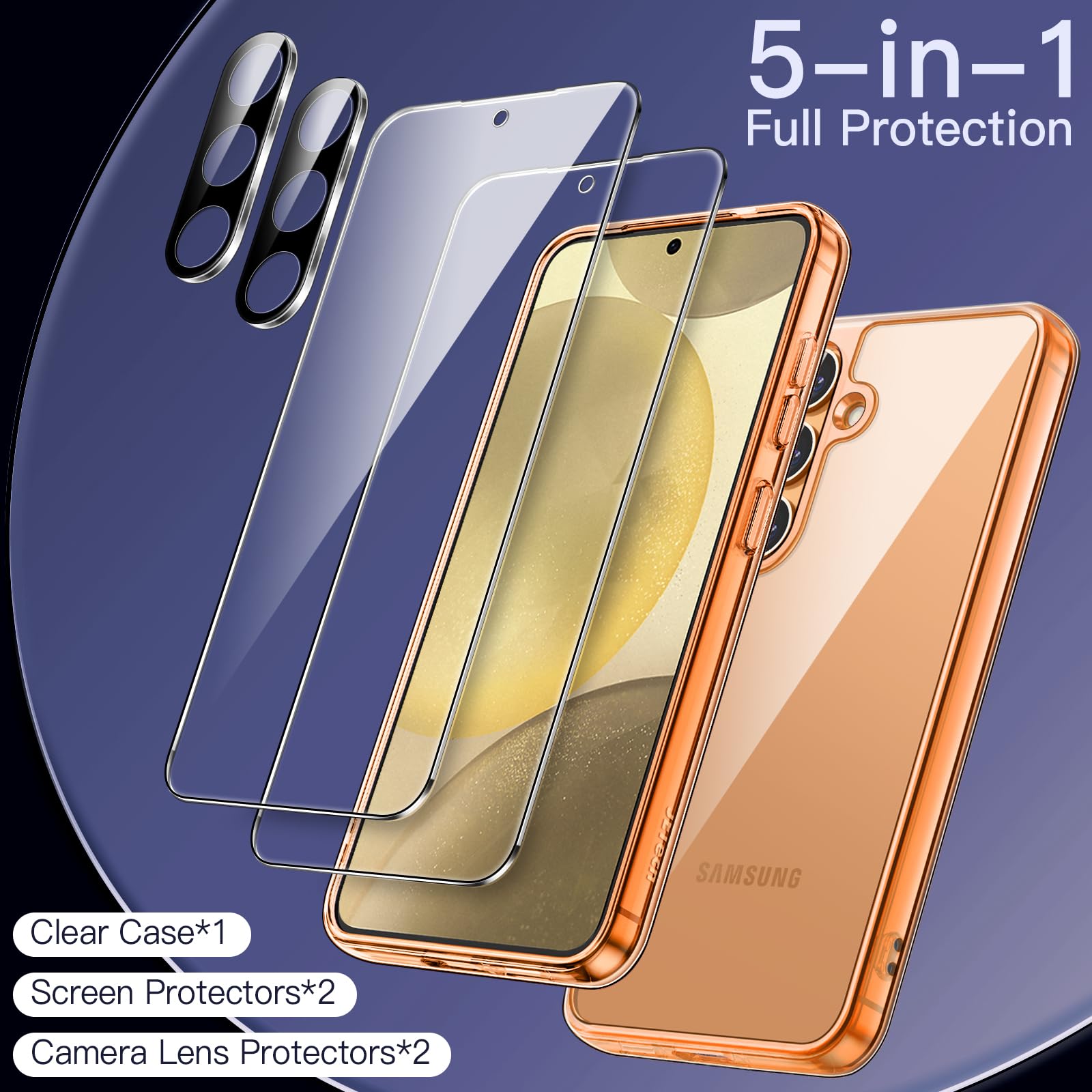 JETech 5-in-1 Protective Case for Samsung Galaxy S24+ 5G - Shockproof Bumper Cover with 2-Pack Tempered Glass Screen Protectors & Camera Lens Protector | Non-Yellowing, Durable Phone Case (Sandstone Orange) | Perfect for Outdoor Activities, Travel & Daily Protection