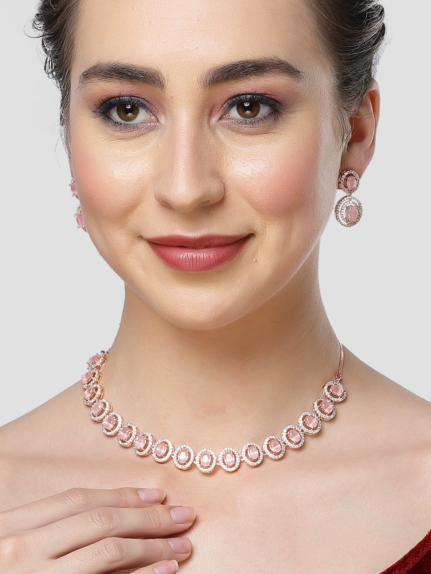 Karatcart Pink CZ Studded Rose Gold Plated Necklace Set for Women | Elegant Jewelry Gift for Valentine's Day, Anniversary & Special Occasions