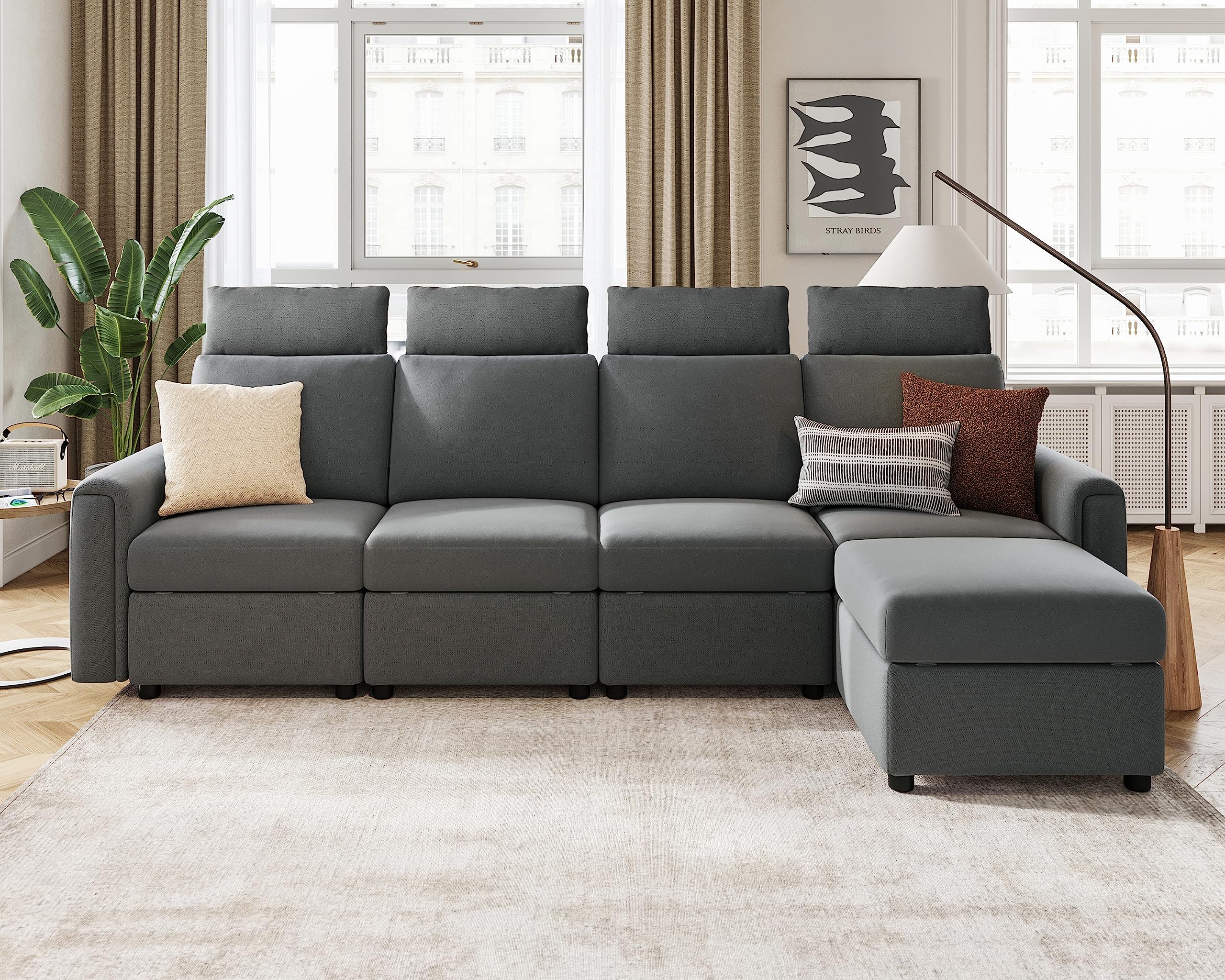 LINSY HOME Modular Sectional Sofa with Storage - Upgraded High Back L-Shaped Couch with 4 Adjustable Headrests, Removable Sofa Covers & Ottoman - 5-Seater Convertible Sofa Bed for Living Room, Family Room or Home Theater (Dark Grey) | Perfect for Small Spaces, Movie Nights & Guest Accommodation