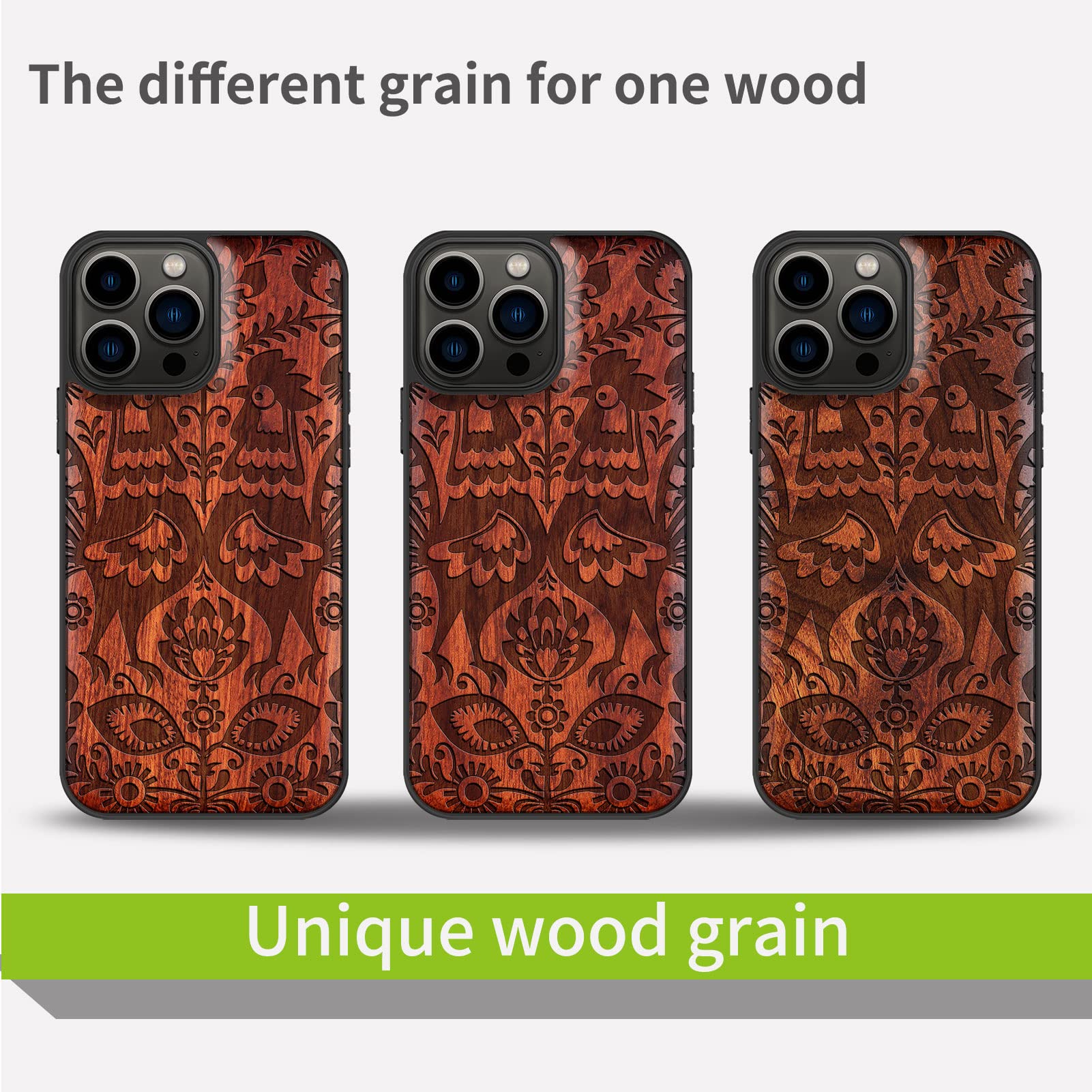 Carveit Magnetic Wood Case for iPhone 13 Pro Max - Natural Wood & Black Soft TPU Shockproof Protective Cover - MagSafe Compatible Wooden Phone Case (Floral Roosters Red Wood Design) - Perfect for Outdoor Adventures & Everyday Protection