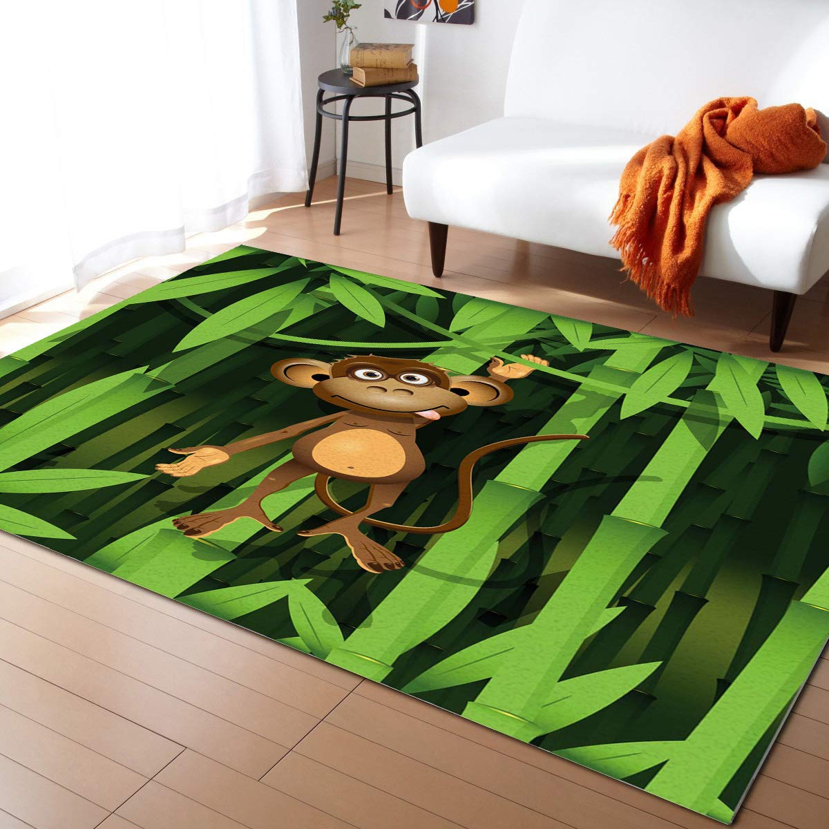 Washable Cartoon Monkey Area Rug 4'x7' - Non-Slip Indoor Outdoor Floor Mat for Kitchen, Living Room, Bathroom, Bedroom, Classroom & Laundry Room | Green Welcome Doormat for Home Decor & Kids Play Area