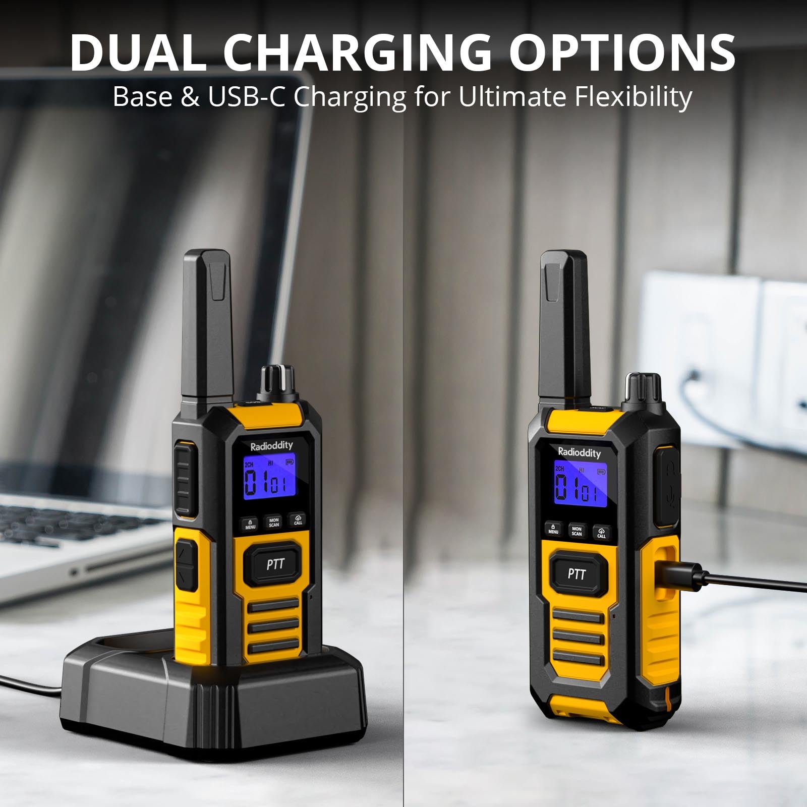 Radioddity HD1 Heavy Duty Walkie Talkie - IP67 Waterproof FRS/PMR Two-Way Radio with Group Call, Vibrate Alert, SOS & Dual PTT | 2400mAh USB-C Rechargeable Battery | Ideal for Construction, Hiking, Camping & Emergency Communication