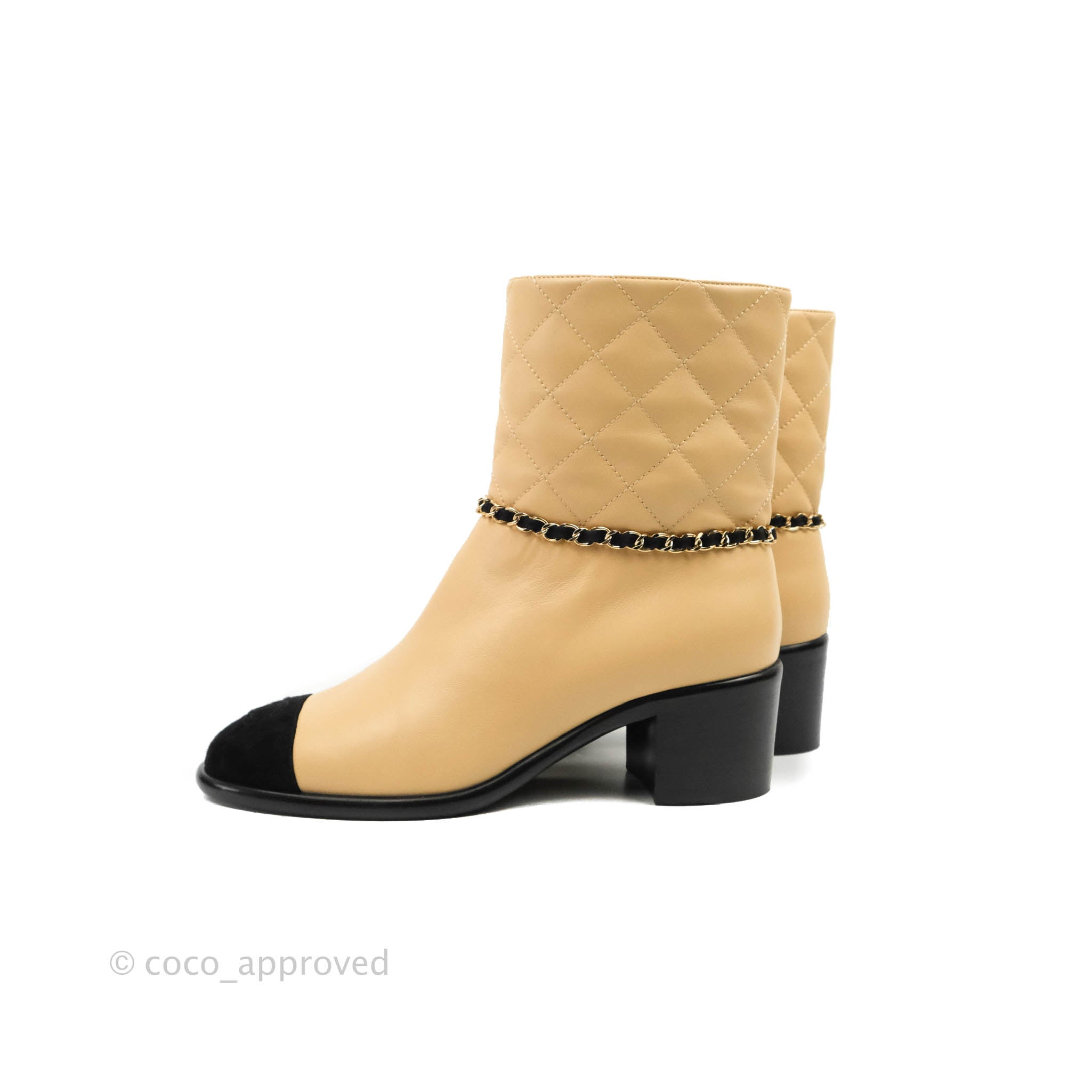 Chanel CC Cap Toe Ankle Boots in Beige Lambskin & Black Suede - Size 38.5 | Luxury Women's Fashion Booties for Evening Out & Office Wear