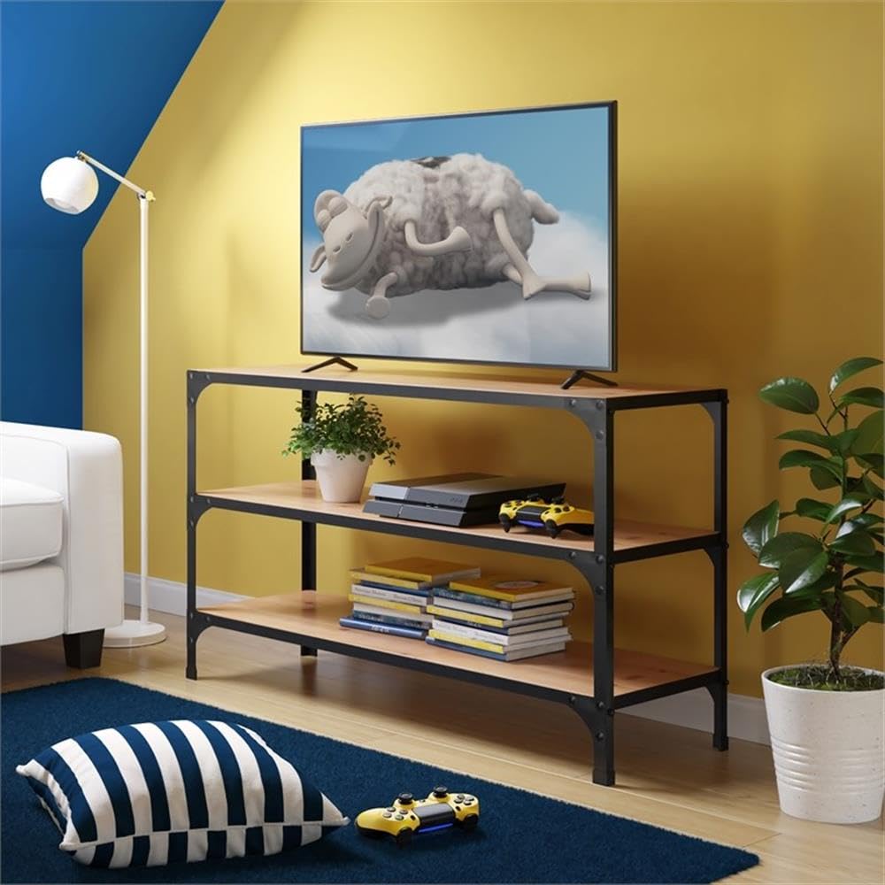 Serta Overland 3-Tier Media Shelf Table - Rustic Wood & Black Metal TV Stand Console for Flat Screen TVs up to 64