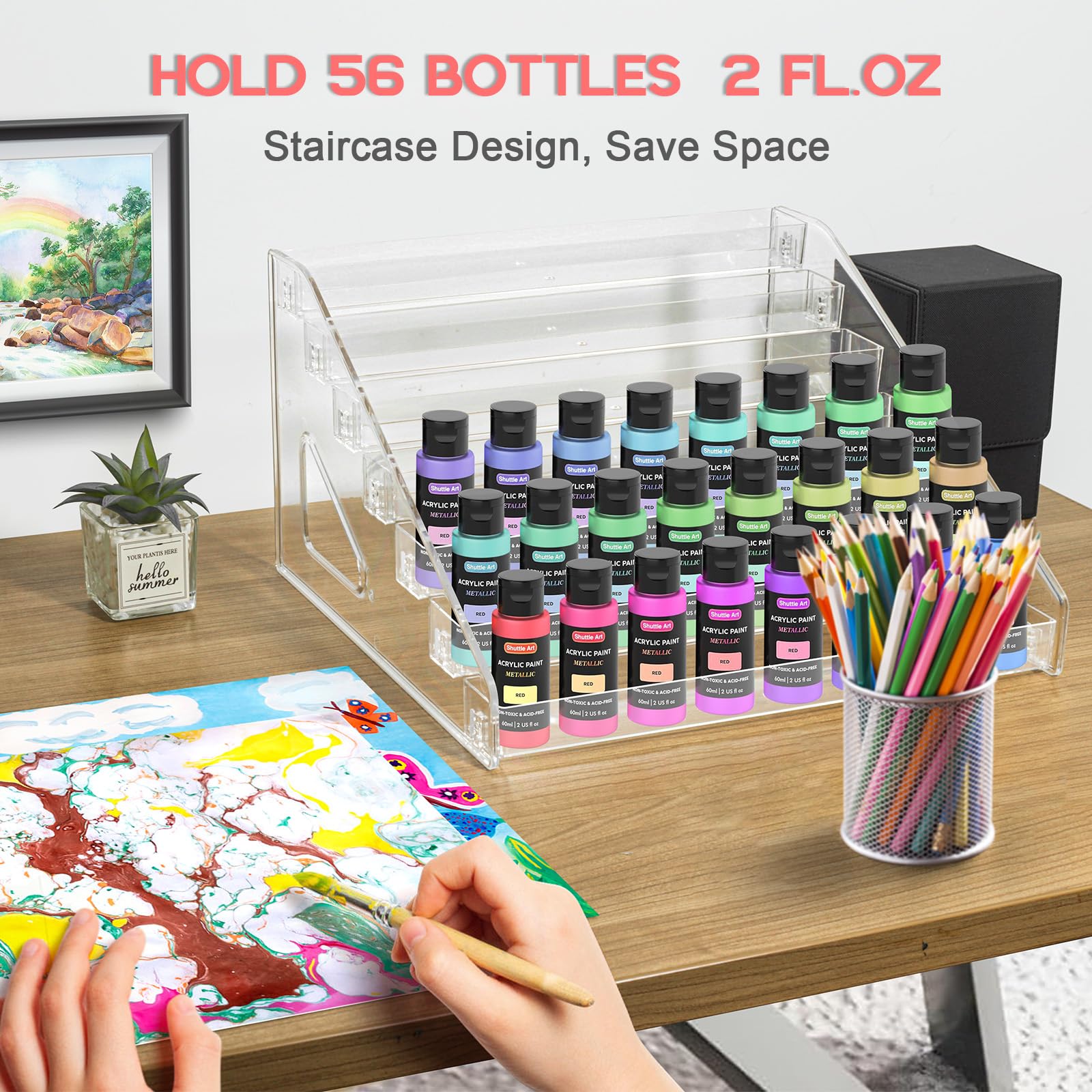 Vowcarol 7-Tier Clear Paint Organizer - Miniature Paint Storage Rack for Acrylic & Craft Paints - Compact Paint Holder for Artists, Hobbyists & DIY Projects - Perfect for Art Studios, Craft Rooms & Workspaces