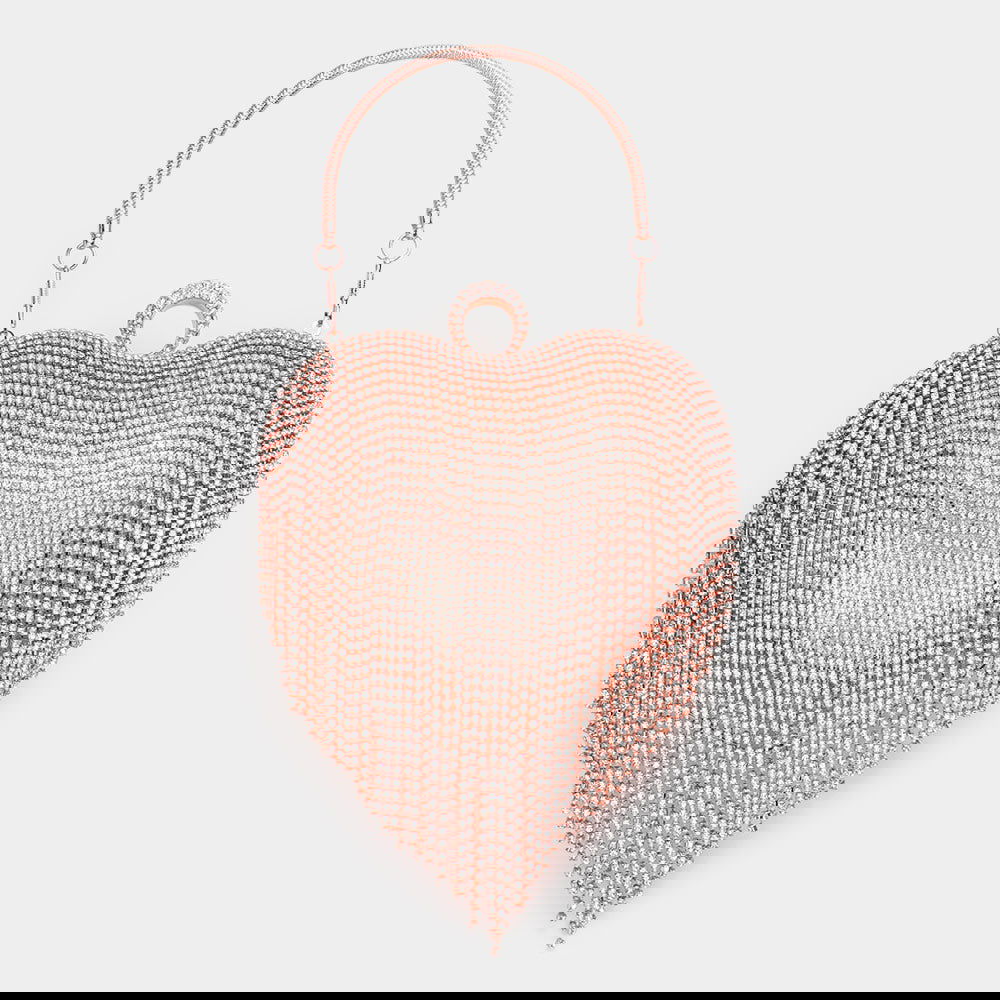 Rose Gold Rhinestone Fringe Heart Evening Bag - Elegant Tote, Clutch & Crossbody Purse for Women | Perfect for Parties, Weddings & Date Nights