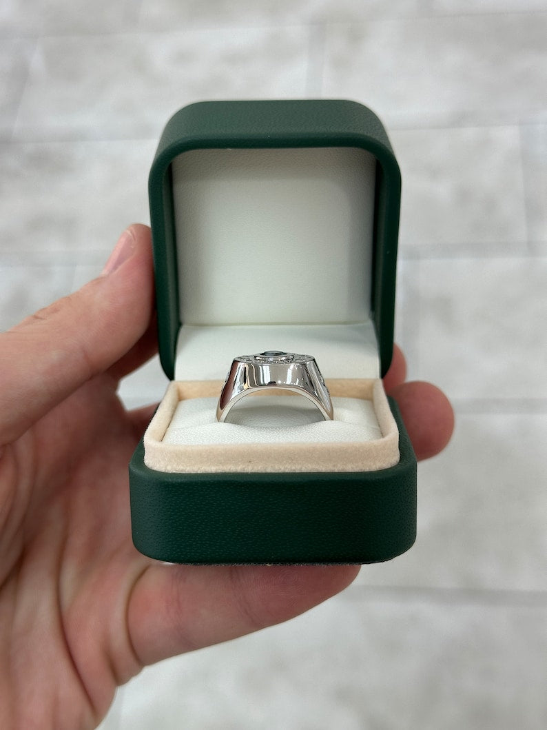1.24tcw 14K White Gold Chunky Blue Diamond Ring - Natural Round Cut Bezel Set Unisex Statement Jewelry for Weddings, Anniversaries & Special Occasions