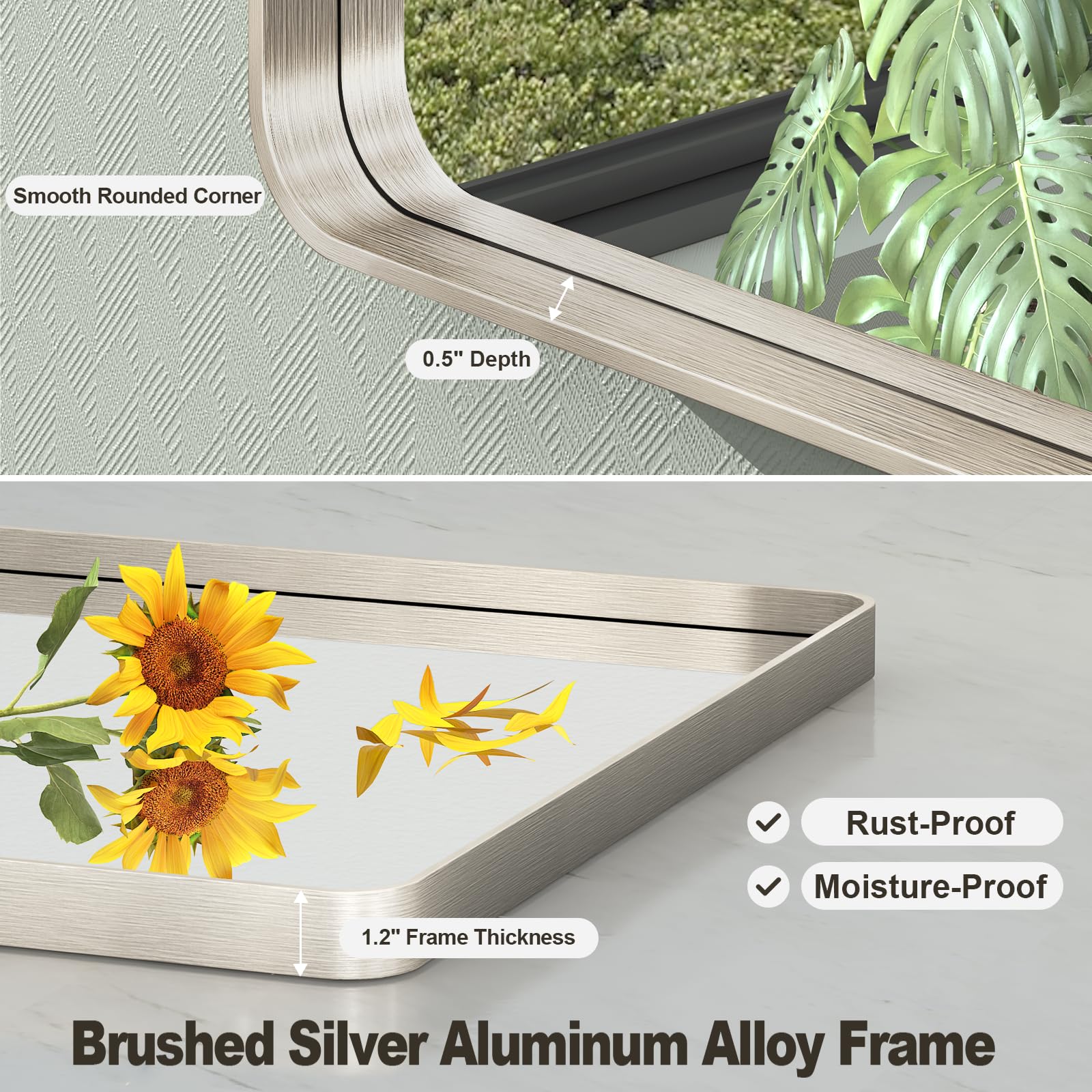 28x36 Inch Brushed Nickel Bathroom Mirror - Rustproof Shatterproof Wall Mirror with Metal Frame for Bathroom Vanity, Living Room, Bedroom (Horizontal/Vertical Mounting)