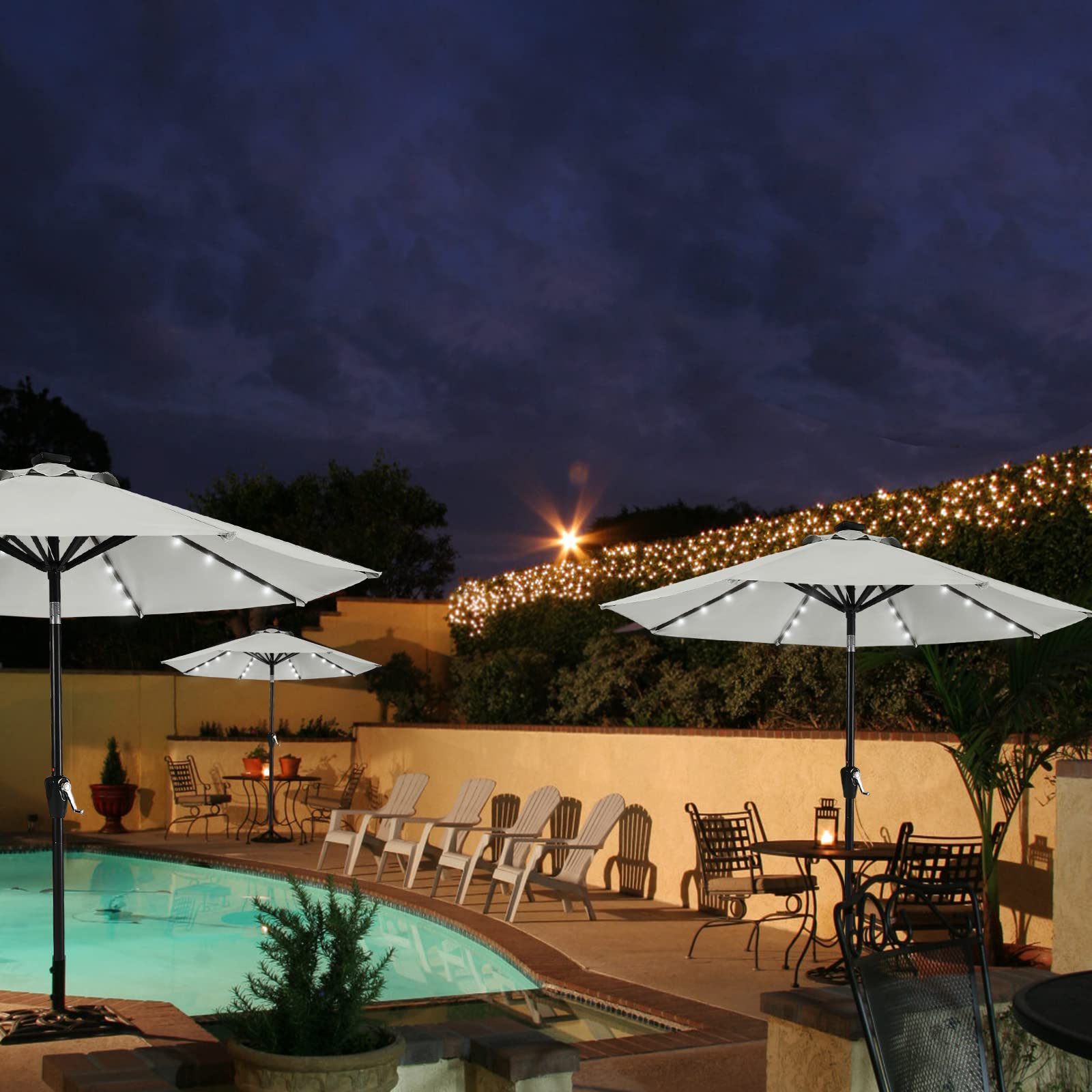 MASTERCANOPY 9ft Light Gray Patio Umbrella with 32 Solar LED Lights - 8 Ribs Outdoor Sun Shade for Deck, Poolside, Garden & Backyard Relaxation