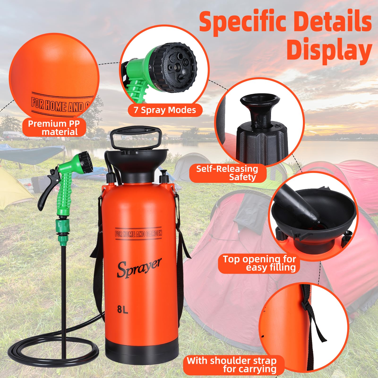 Portable Camping Shower with 7 Spray Modes - Hand Press Outdoor Shower with Removable Hose & Shower Head - Pressure Rinse Kit for Hiking, Travel, Beach, Garden & Pet Washing - Perfect for RV Trips, Off-Grid Living & Emergency Use