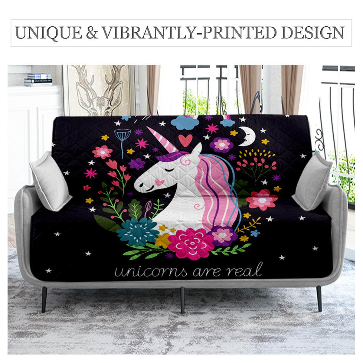 Sleepwish Quilted Sofa Cover - Velvet-Soft Unicorn Floral Print Couch Protector for Living Room & Bedroom - Stretchable Furniture Slipcover - Perfect for Home Decor, Pet Protection & Daily Use