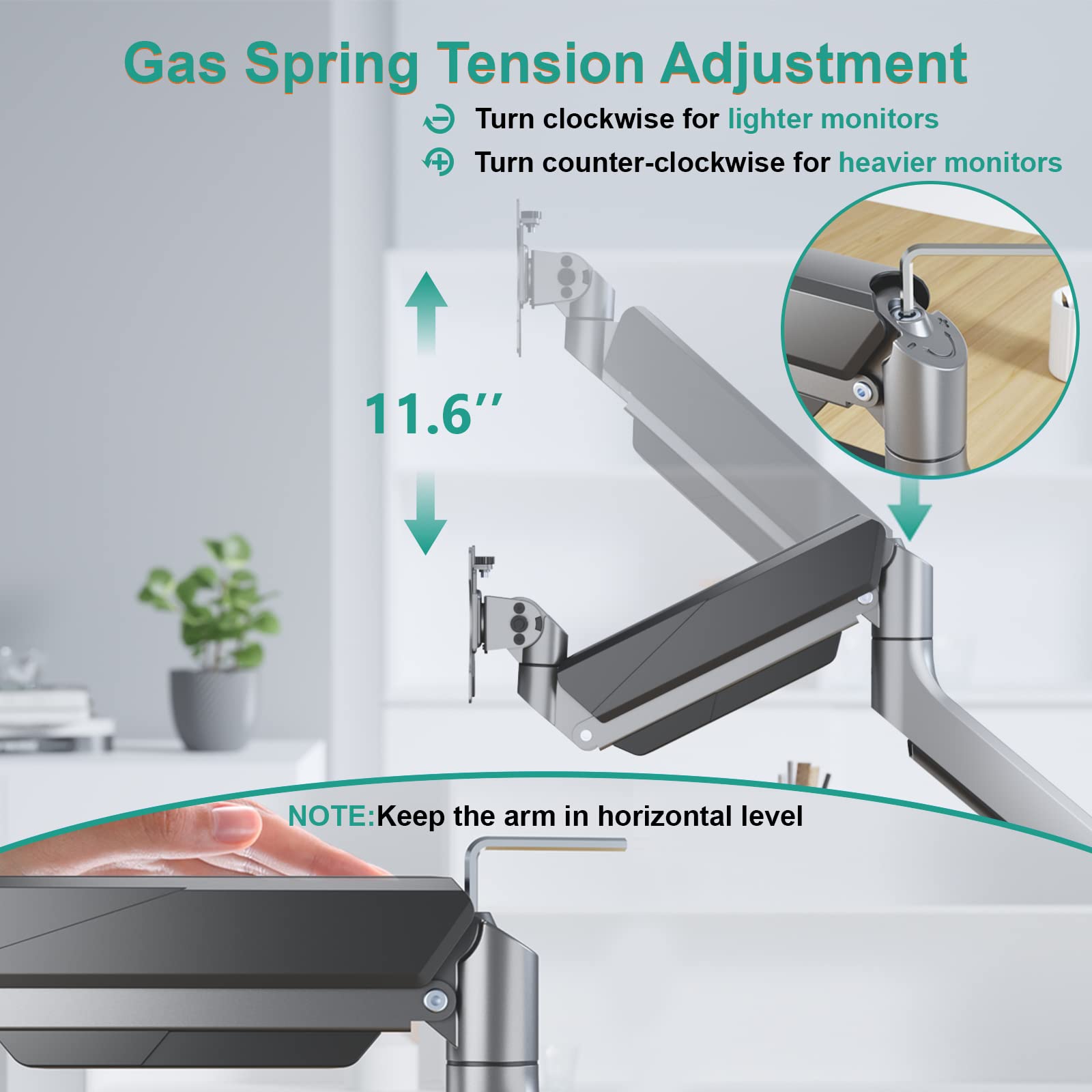 WALI Heavy Duty Gas Spring Single Monitor Arm Desk Mount - Fully Adjustable Stand for 35 Inch Screens up to 33lbs (GSMU001, Silver) - Perfect for Home Office, Gaming Setup & Workspace Ergonomics