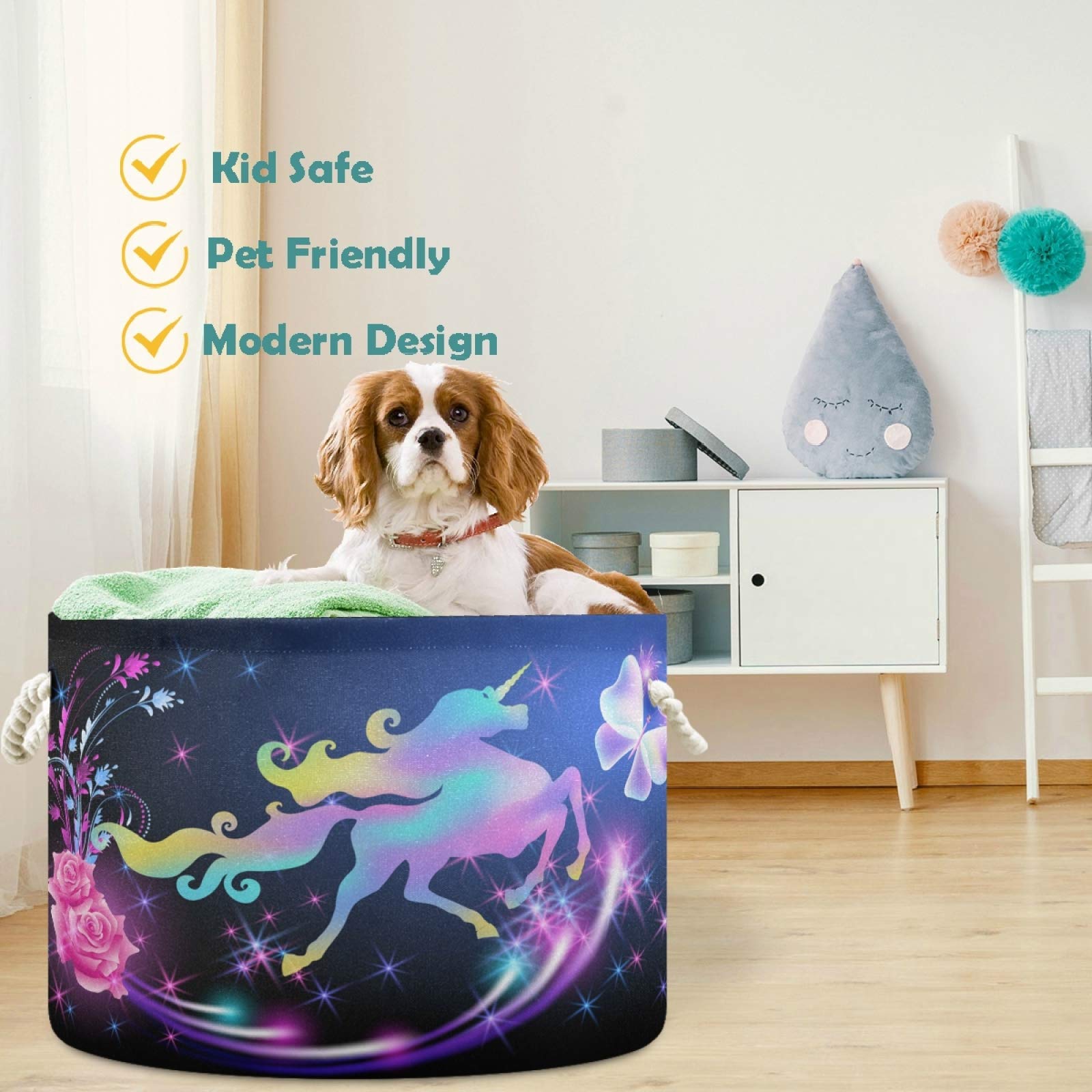 Visesunny Unicorn & Butterfly Canvas Storage Basket - Waterproof Toy Organizer Bin for Kids Room, Playroom, Shelves | Nursery Hamper, Laundry Basket & Gift Idea | Perfect for Organizing Toys, Books & Clothes