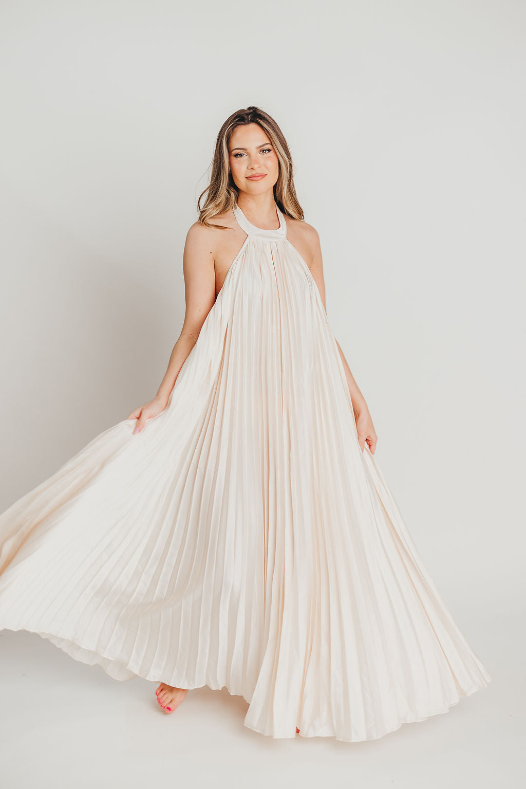 Maren Pleated Halter Maxi Dress in Cream | Bump Friendly Maternity Dress | Perfect for Baby Showers, Beach Vacations & Summer Weddings