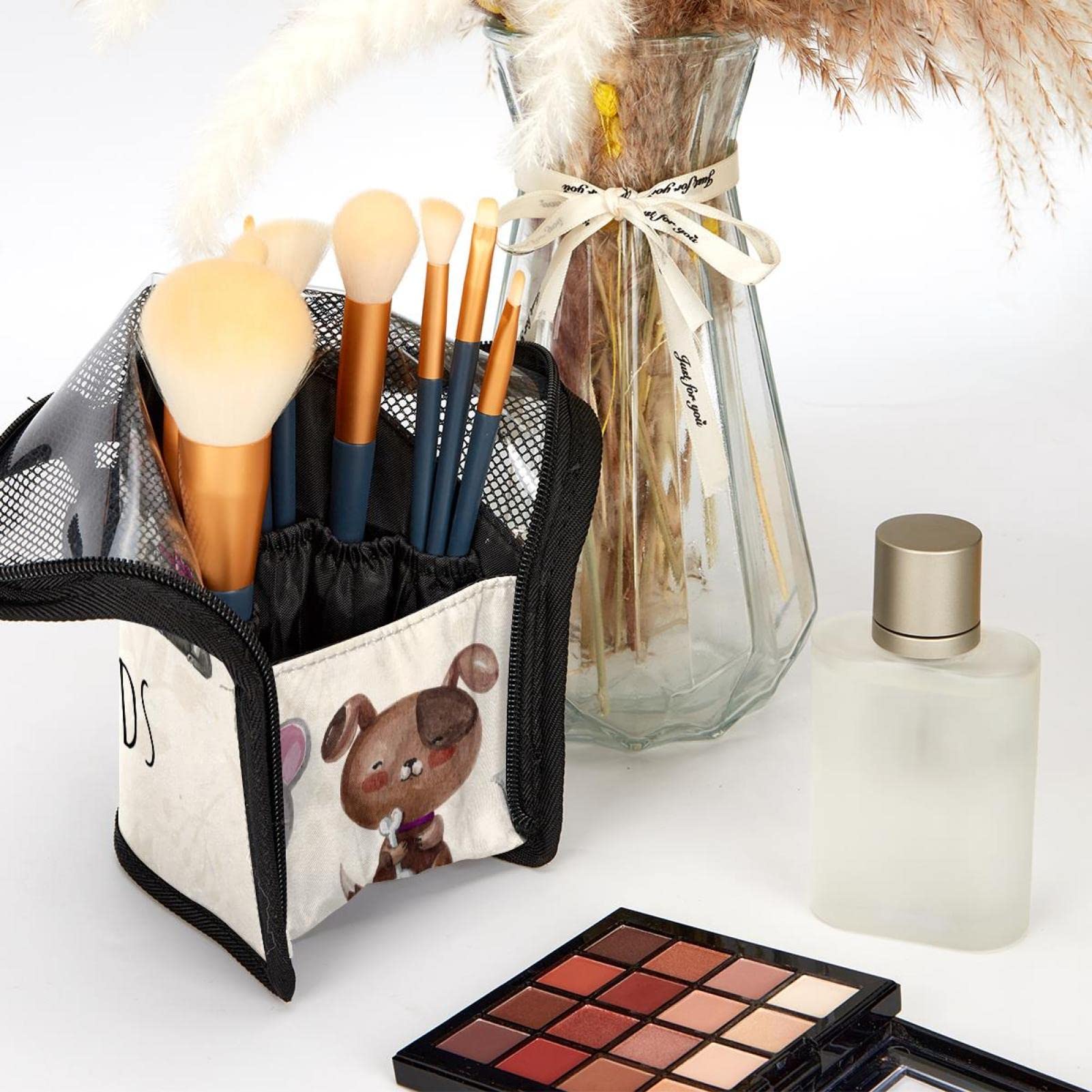 12-Piece Makeup Brush Organizer Bag with Cute Mouse, Dog & Kitten Design - Portable Cosmetic Brush Holder Case for Travel, Home & Professional Makeup Artists