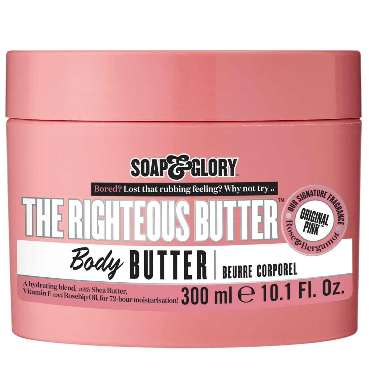 Soap & Glory The Righteous Body Butter - Hydrating Vegan Moisturizer for Dry Skin with Shea Butter, Vitamin E & Rosehip Oil | Rich Cream for Women & Men | 300ml | Perfect for Daily Hydration & Post-Shower Care