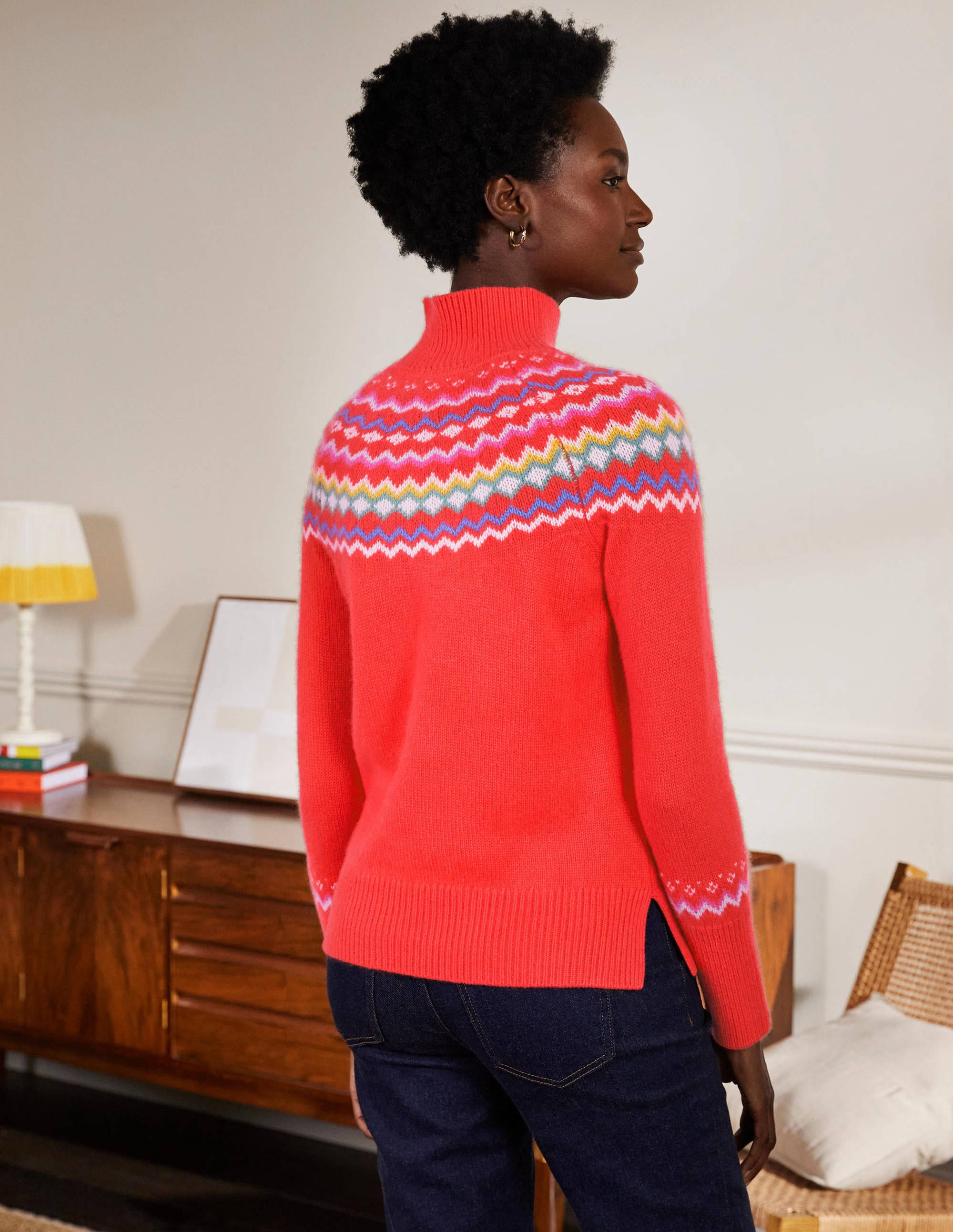 Anna Women's Cashmere Sweater - Coral Fair Isle Knit Pullover for Winter Warmth & Cozy Style | Perfect for Holiday Gifts & Casual Outings