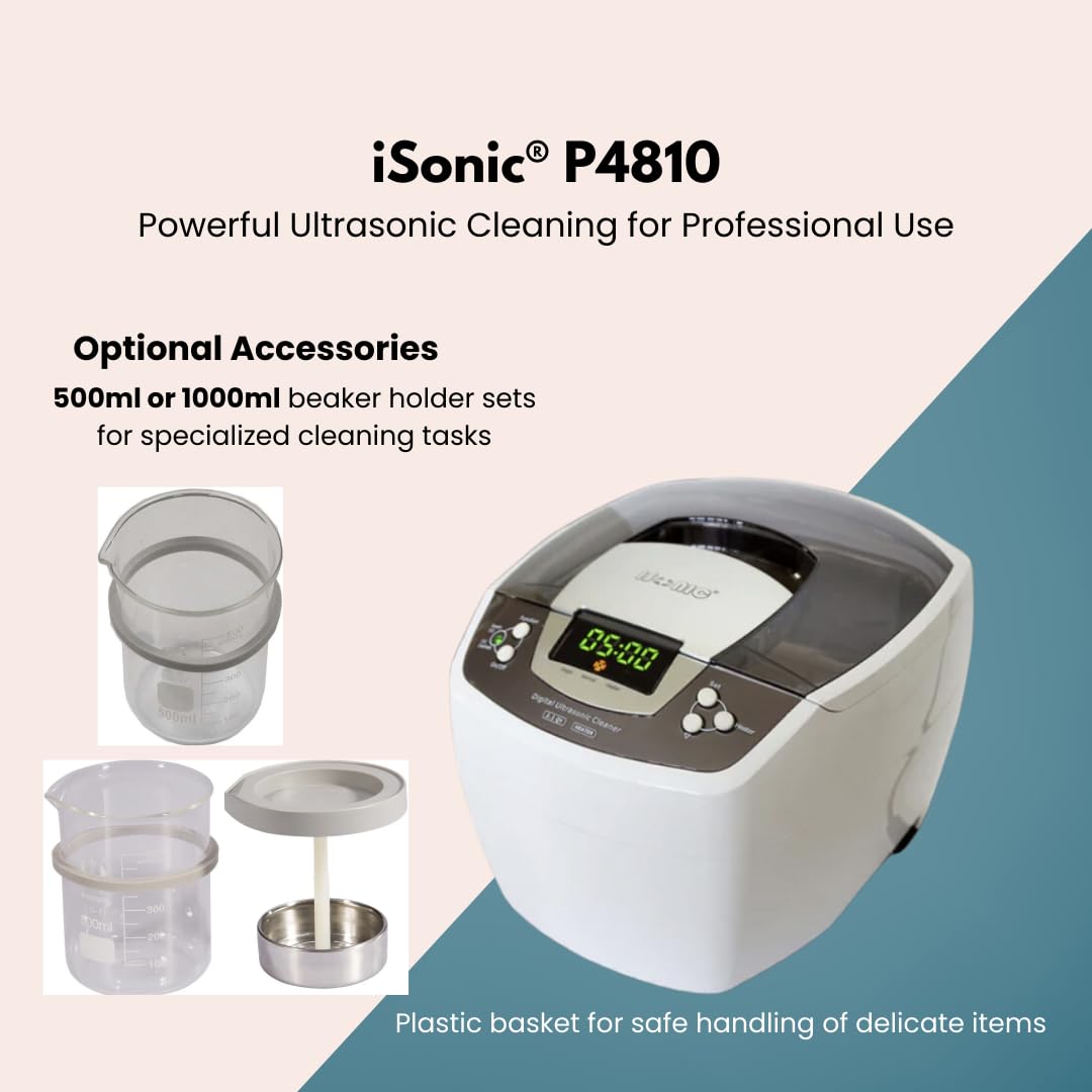 iSonic P4810+BHK01B Commercial Ultrasonic Cleaner with 500ml Beaker Holder Set - Professional Jewelry, Dental Tools & Liposomal Vitamin C DIY Cleaning Solution for Home & Lab Use
