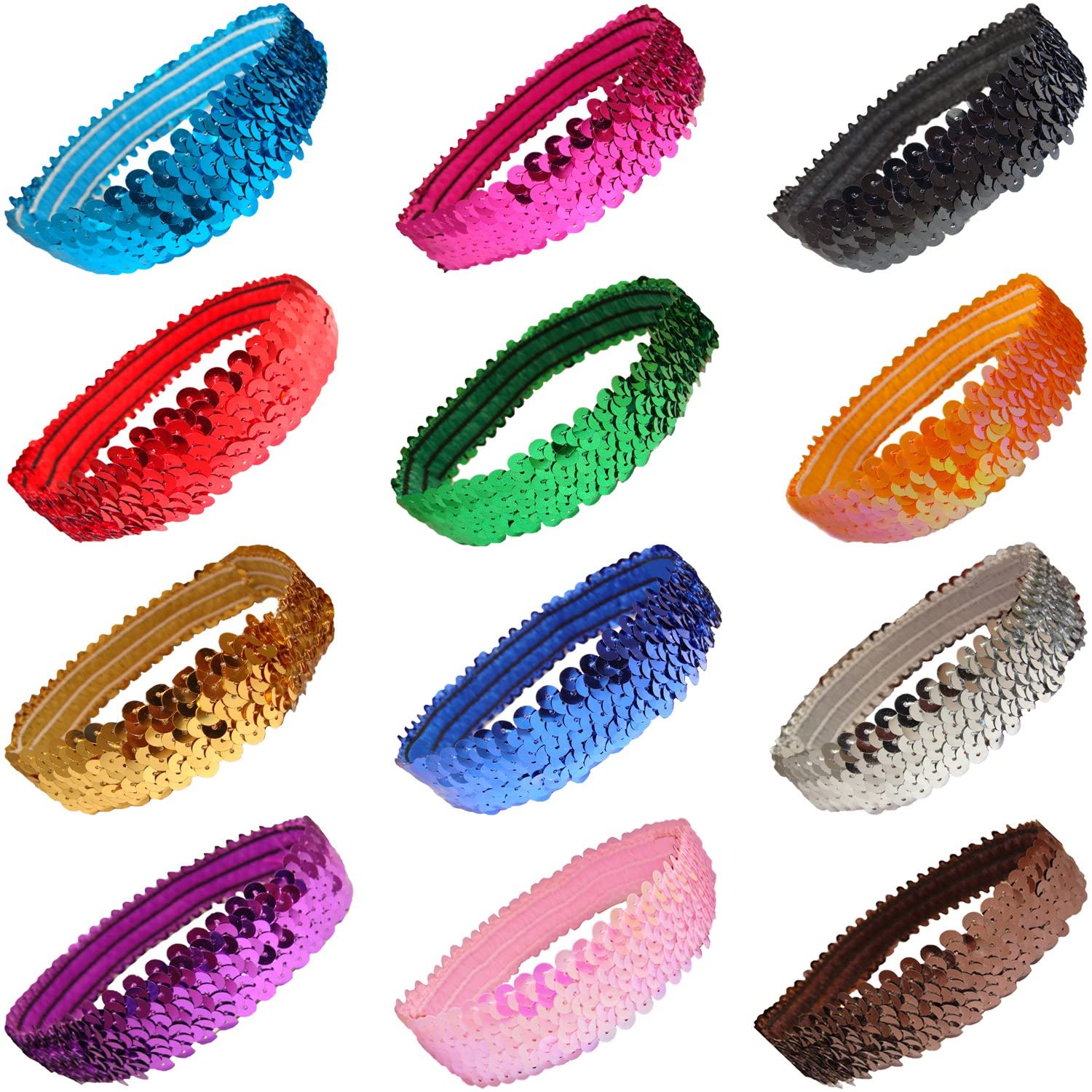 Kenz Laurenz Sequin Headband Pack of 12 - Glitter Elastic Stretch Sparkly Fashion Headbands for Women, Teens & Girls - Perfect for Volleyball, Basketball, Sports Teams & Everyday Hair Accessories