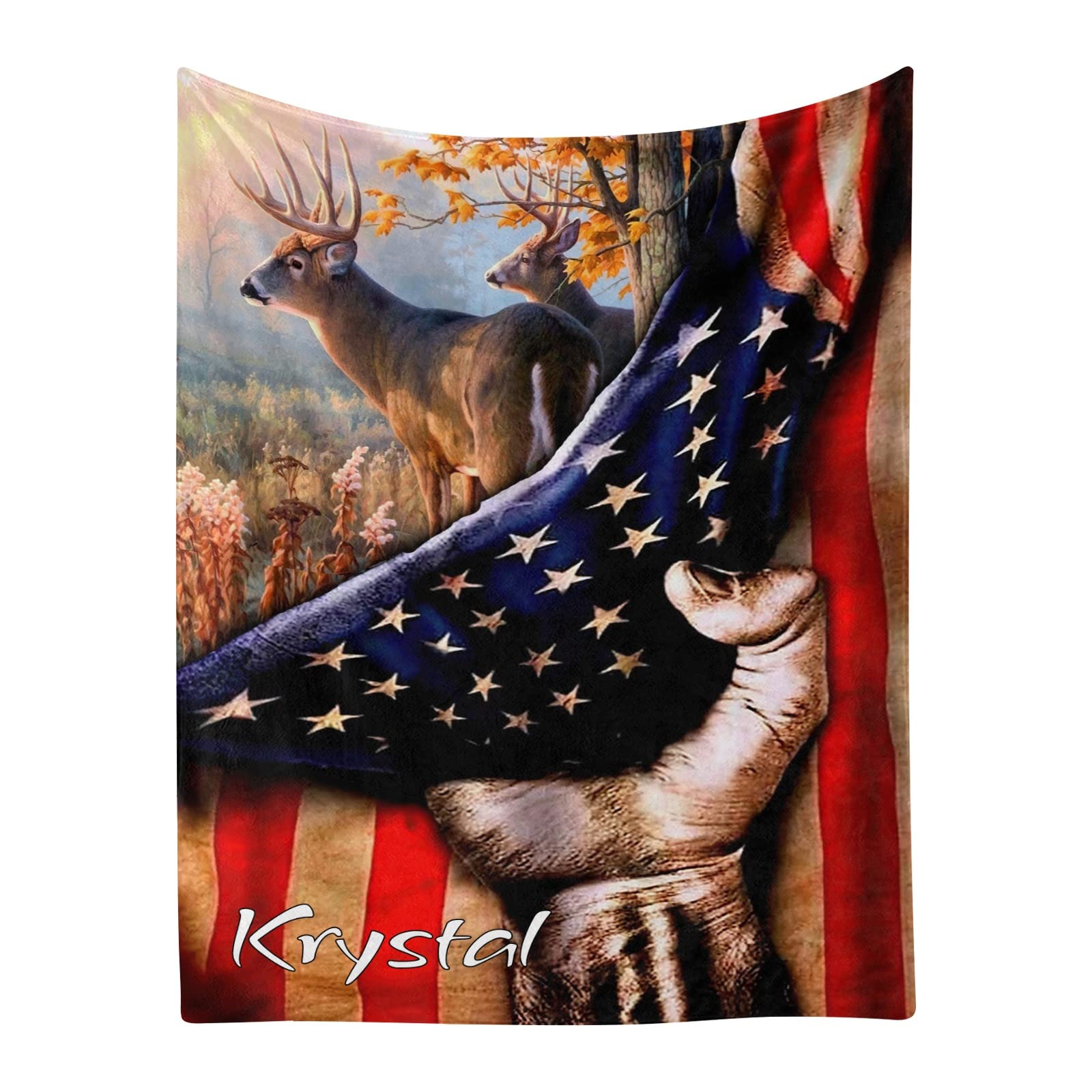 Custom Personalized American Flag Deer Hunter Maple Leaf Fleece Blanket - Super Soft 60x80 Inch Throw Blanket with Name Text for Couch, Sofa & Bed - Perfect for Hunting Lodge, Cabin Decor & Outdoor Adventures